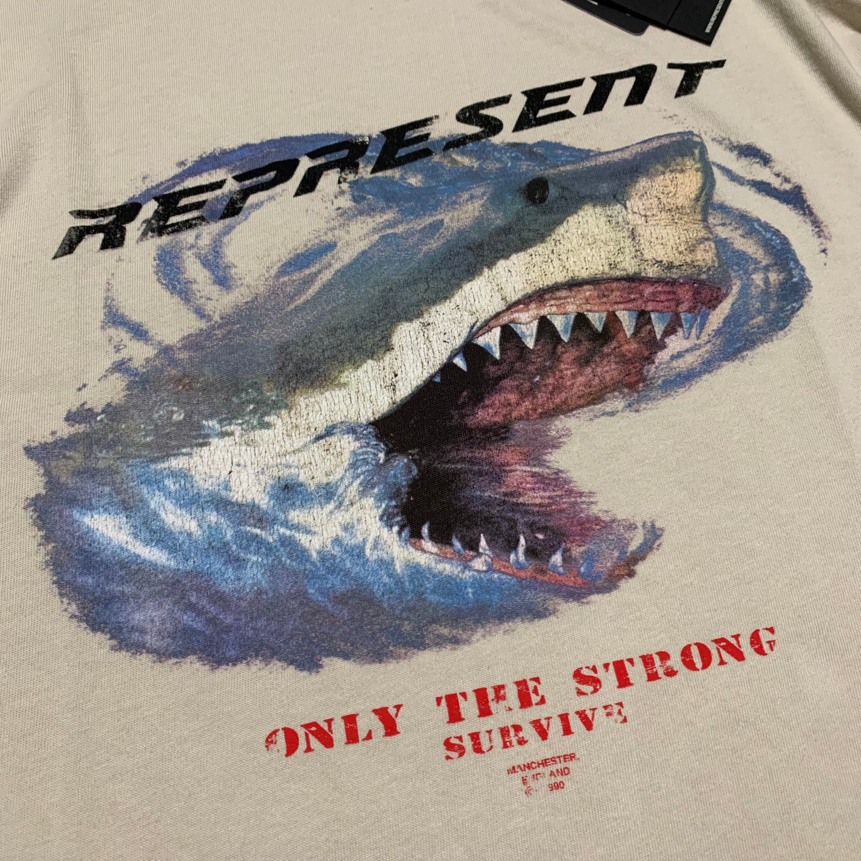 Represent Medium Only The Strong Survive Vintage White Tee Shark Graphic