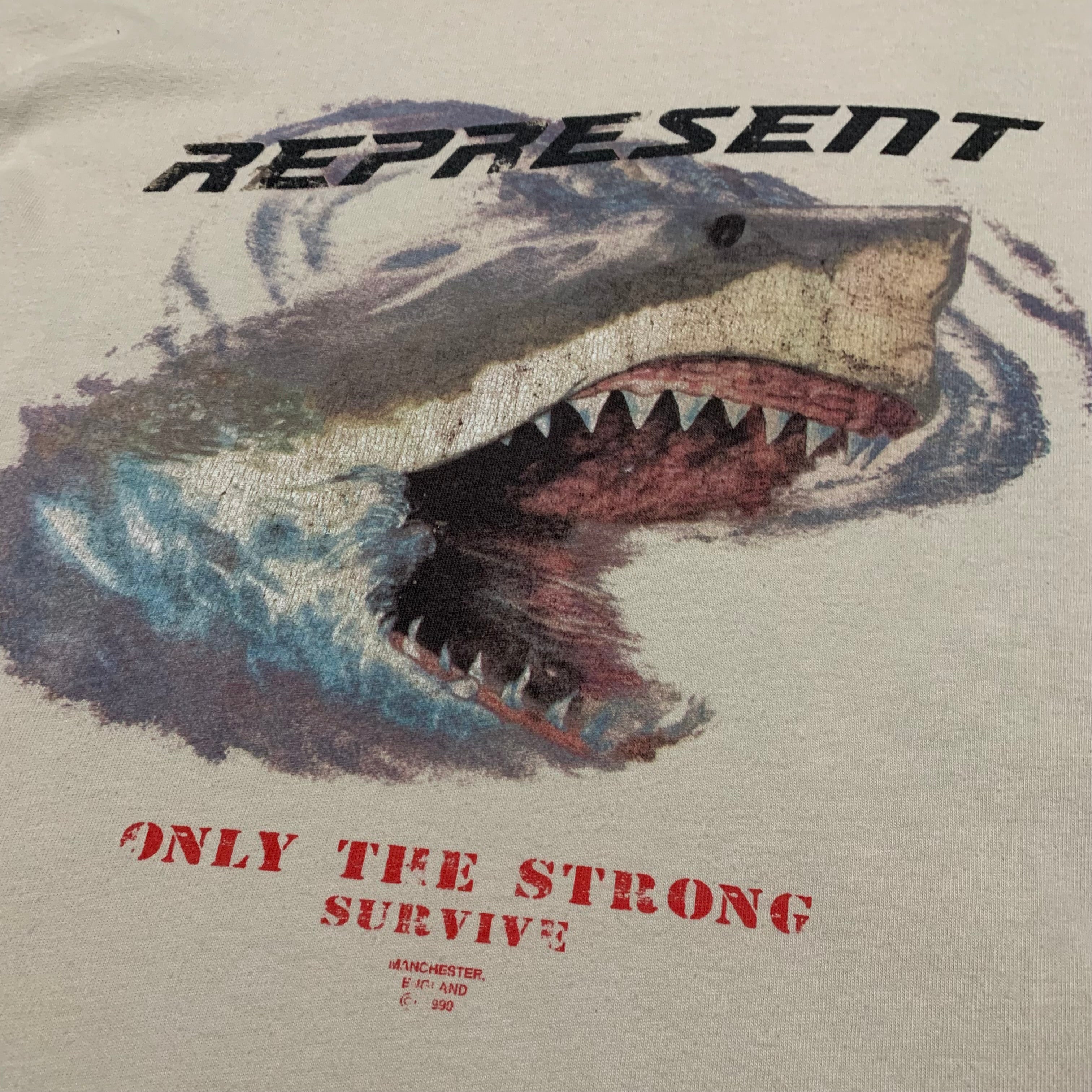Represent Small Shark Vintage White Tee Only The Strong Survive