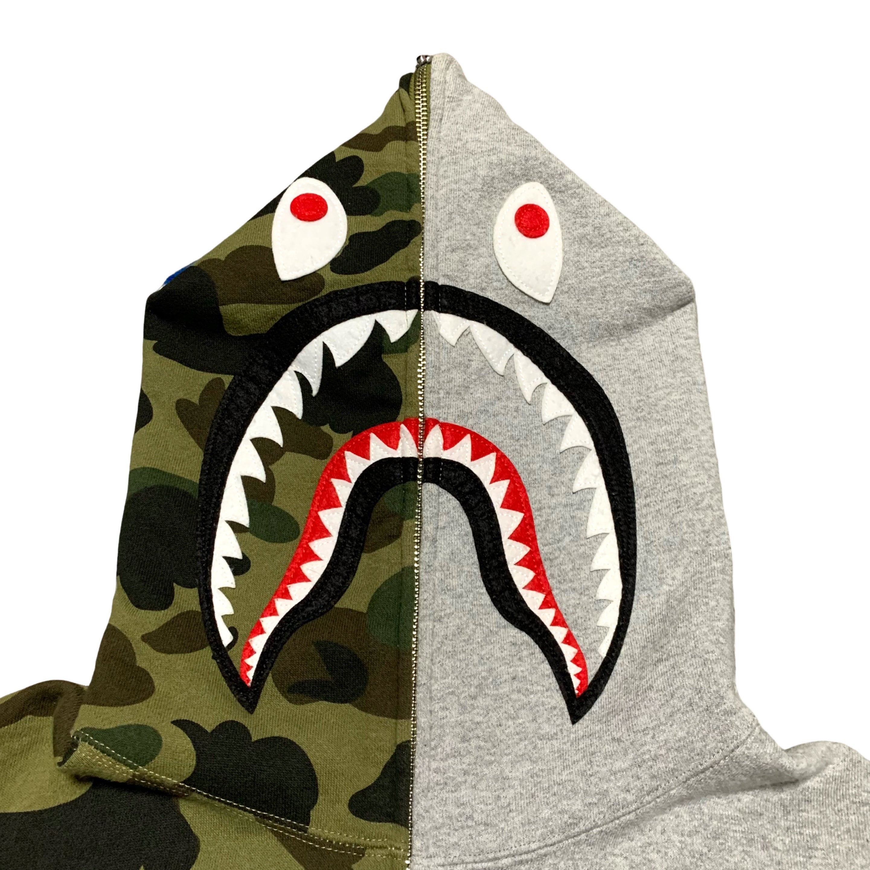 Bape Large Shark 1st Camo Grey Green Half Split Full Zip Hoodie A Bathing Ape