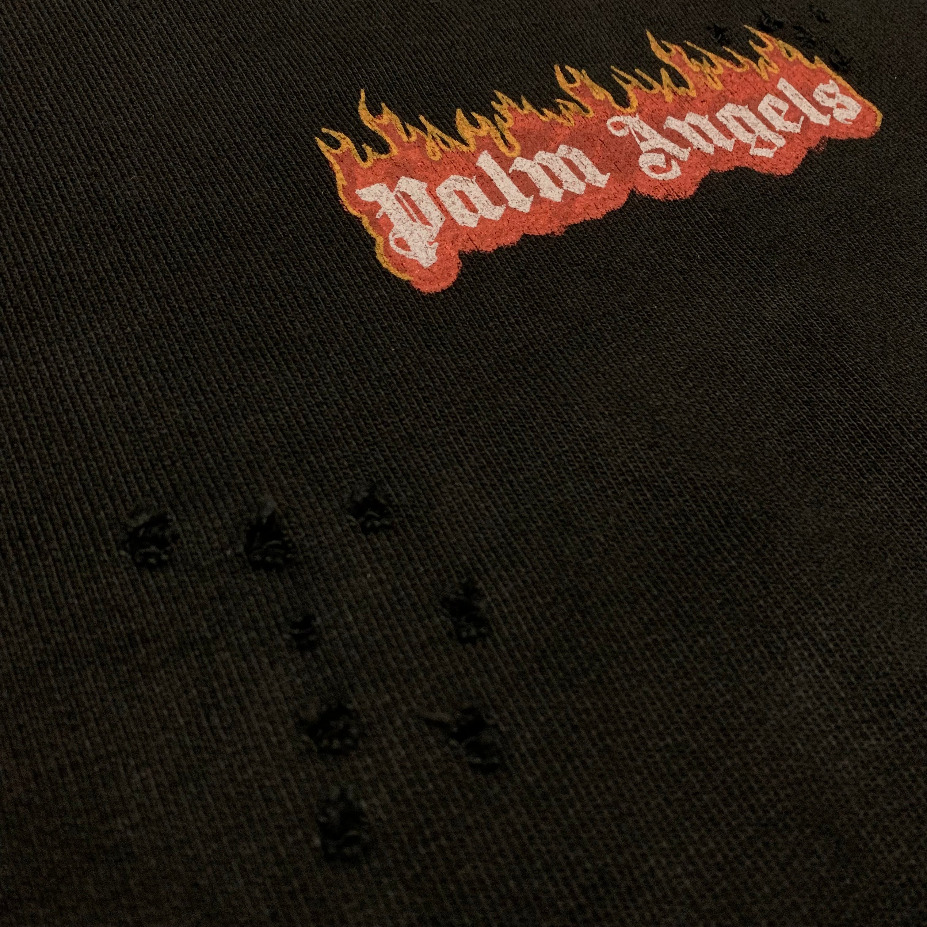 Palm Angels Medium Flame Logo Distressed Black Sweatshirt Crewneck