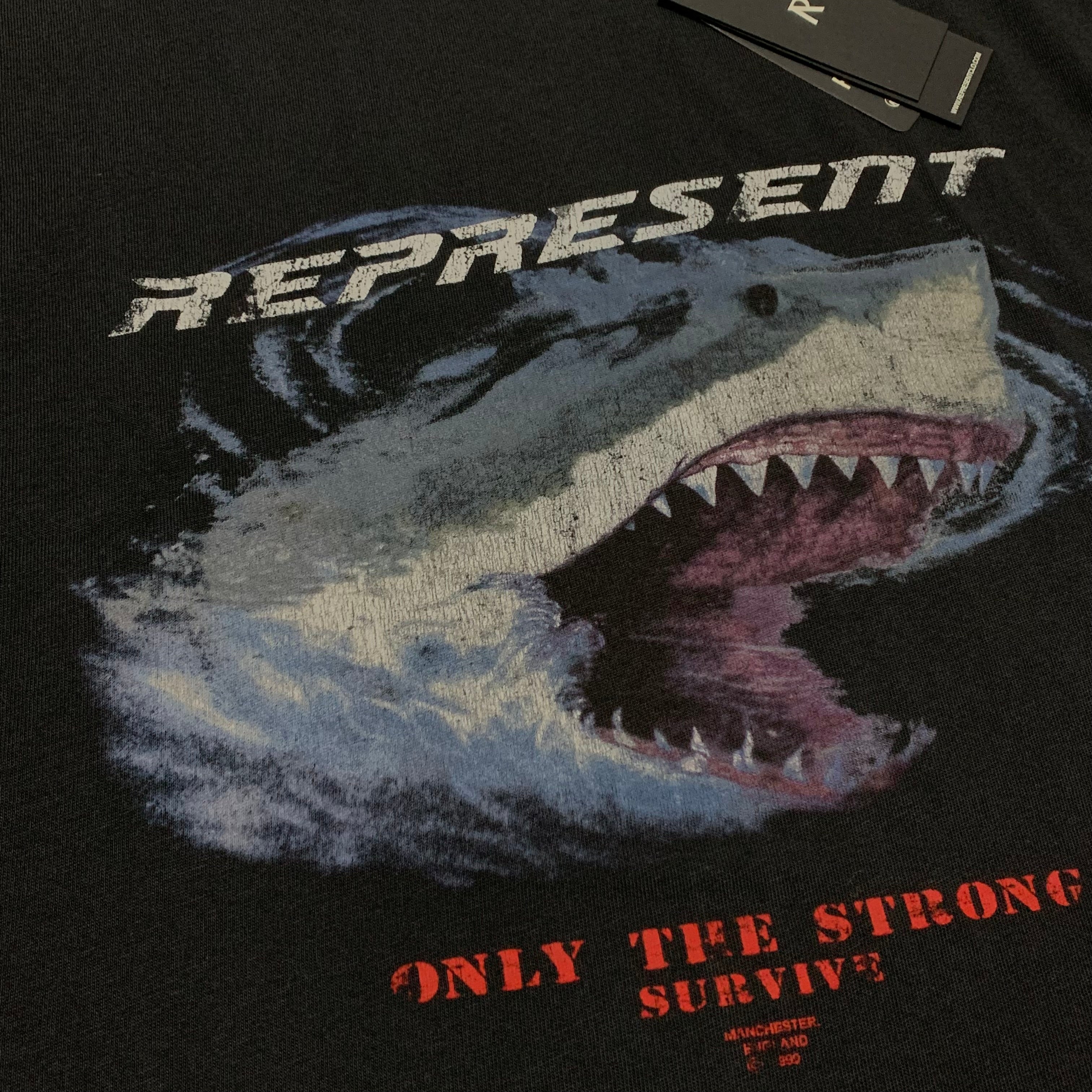 Represent Small Only The Strong Survive Vintage Black Tee Shark Graphic