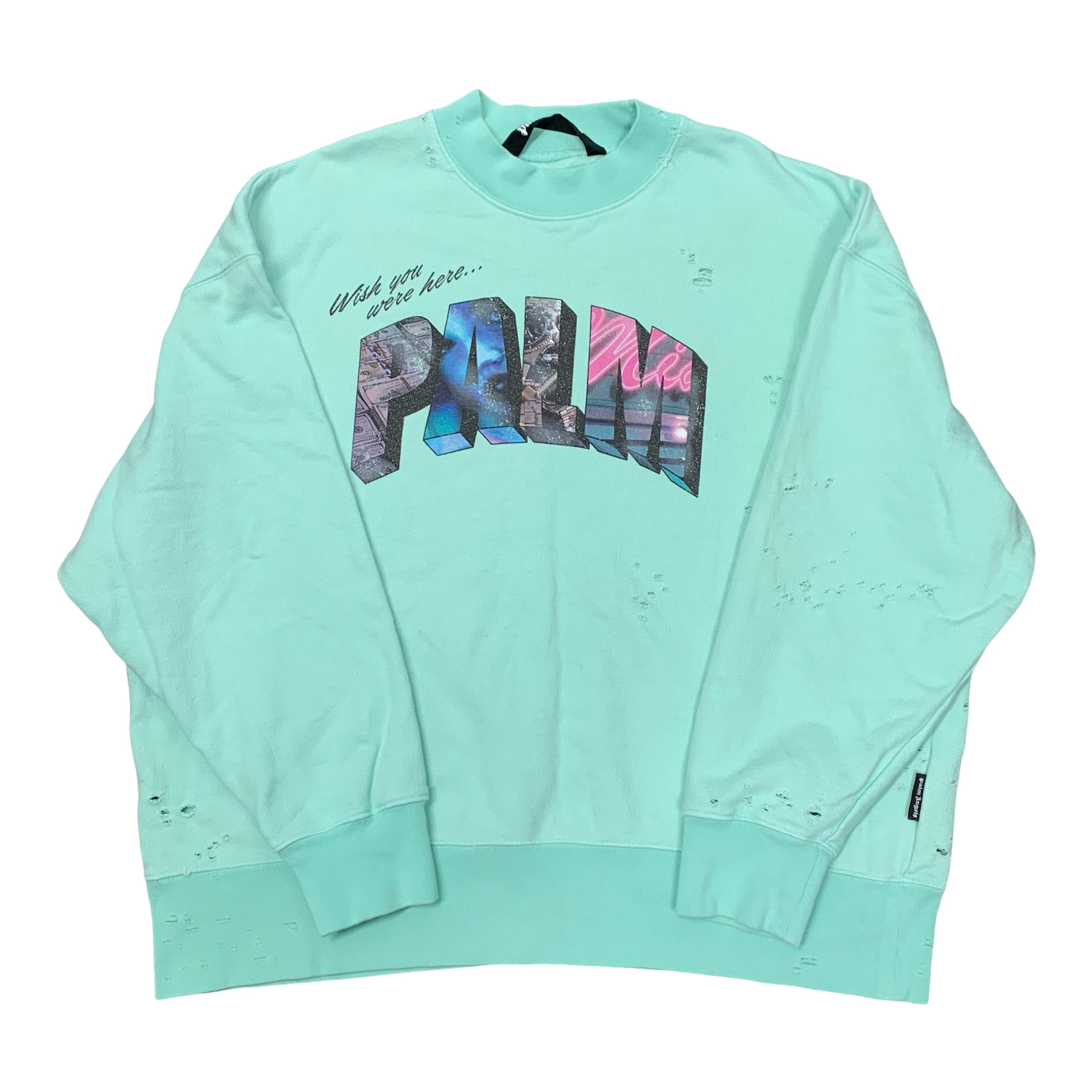 Palm Angels Large Sweatshirt Graphic Distressed Blue Crewneck
