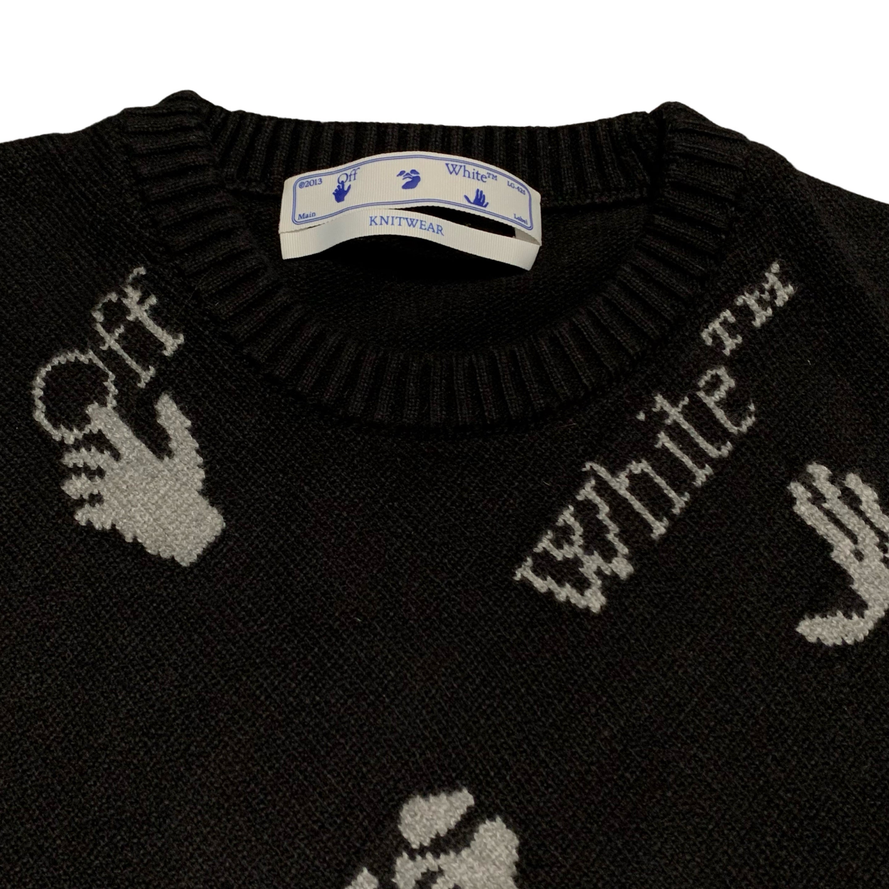 Off White Large Knitted Black Sweatshirt Crewneck All Over Logo Virgil Abloh Knitwear