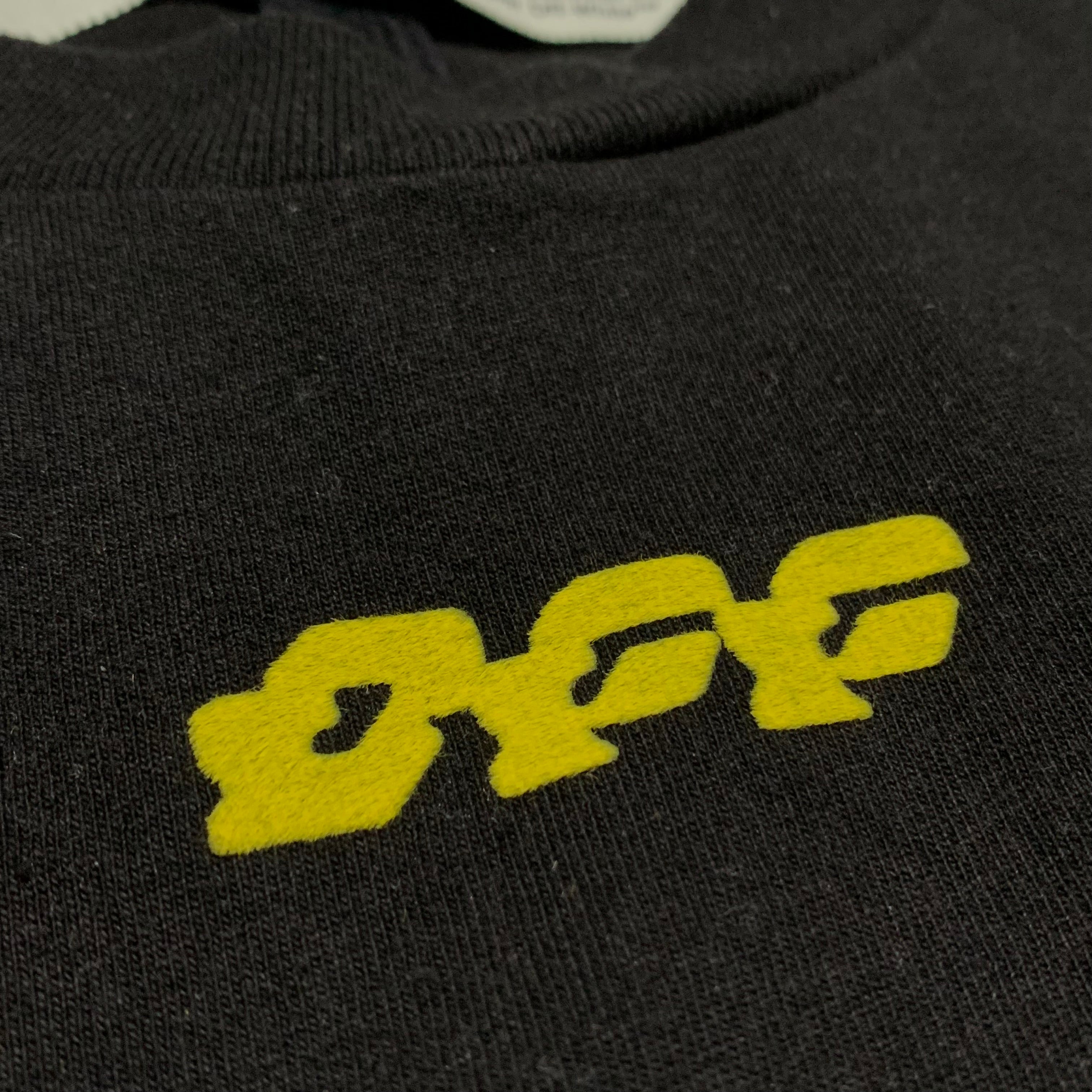 Off White Small Yellow Disrupted Font Black Tee Virgil Abloh