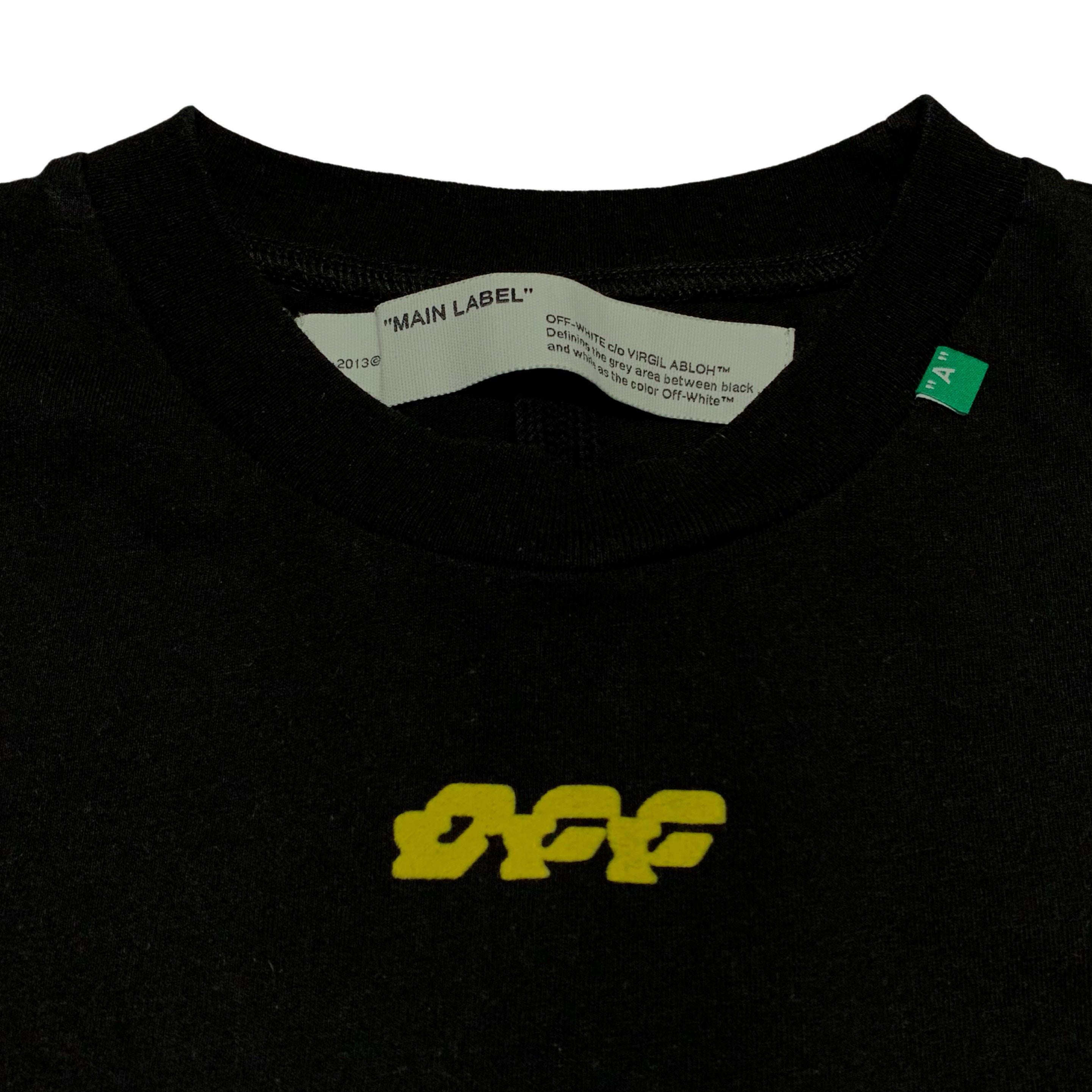 Off White Small Yellow Disrupted Font Black Tee Virgil Abloh