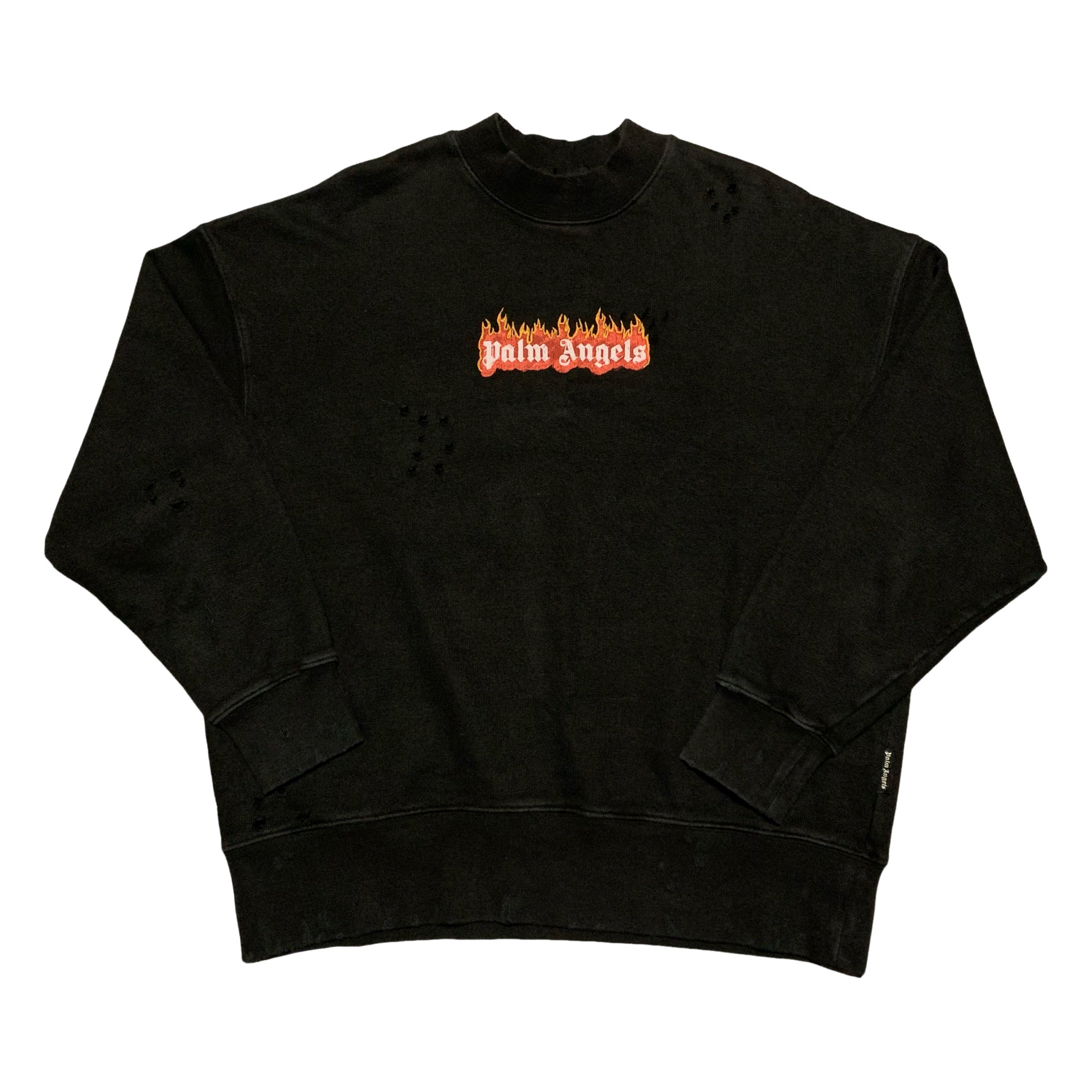 Palm Angels Medium Flame Logo Distressed Black Sweatshirt Crewneck