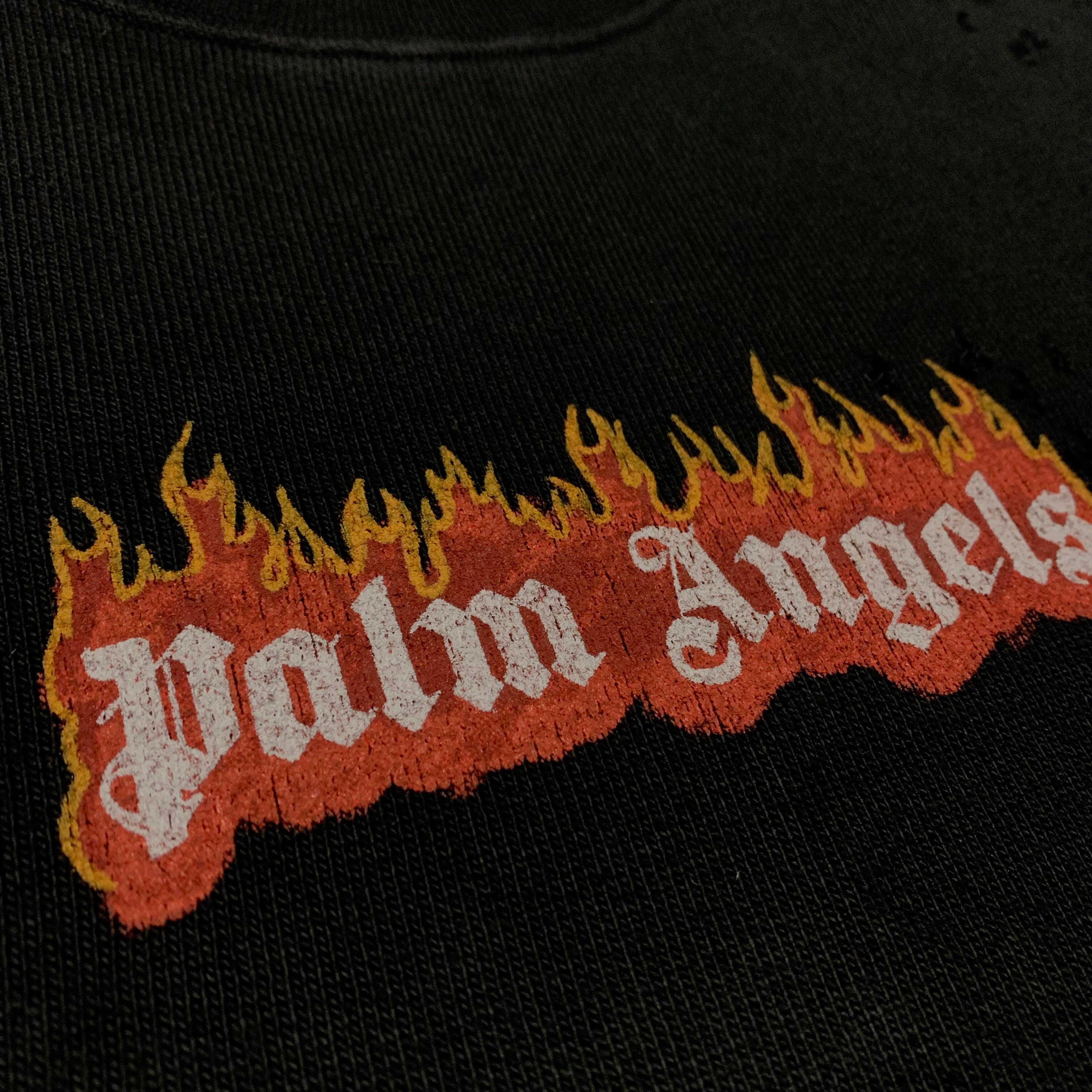 Palm Angels Medium Flame Logo Distressed Black Sweatshirt Crewneck