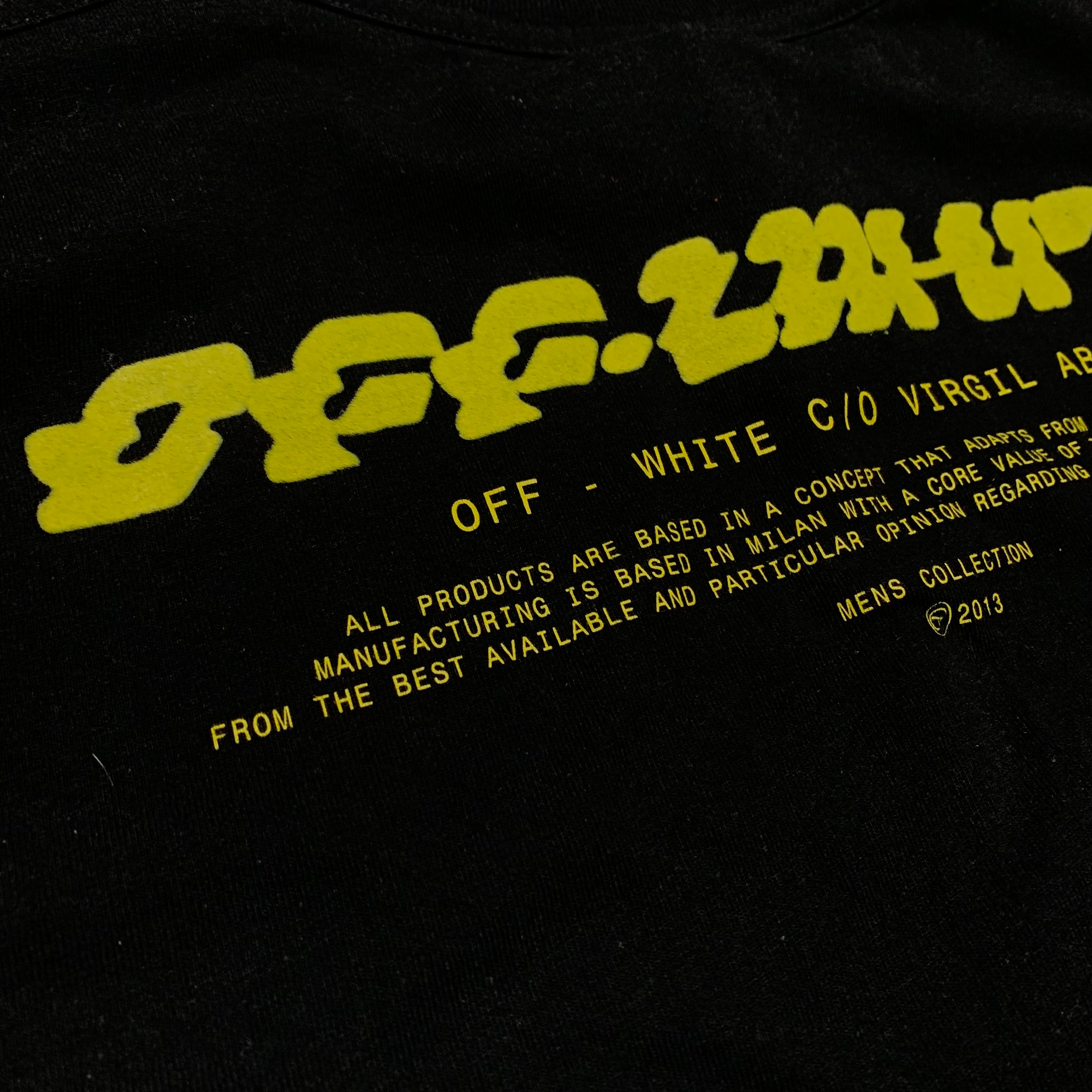 Off White Small Yellow Disrupted Font Black Tee Virgil Abloh