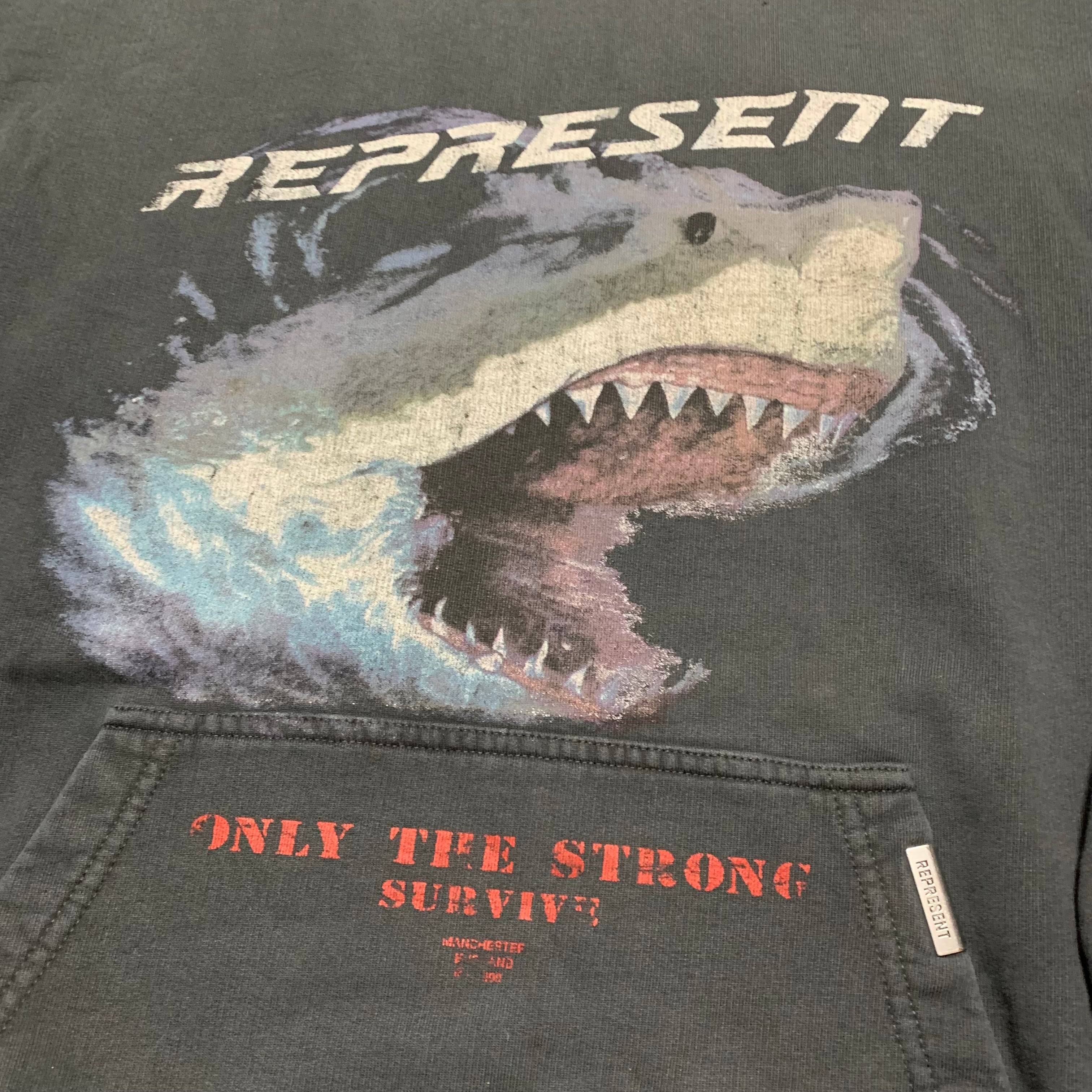 Represent XS Only The Strong Survive Vintage Black Hoodie Shark