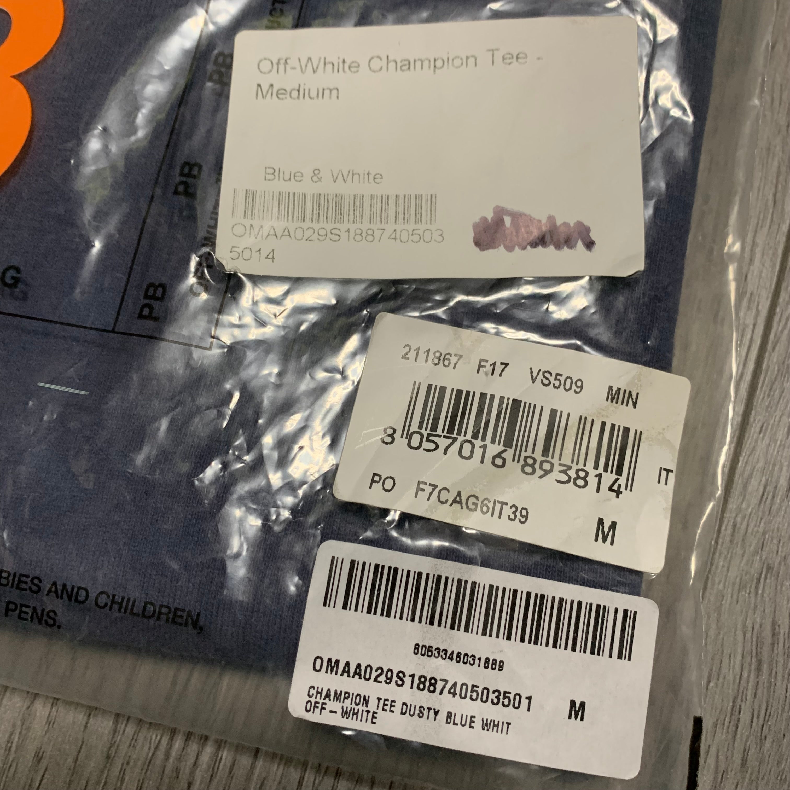 Off White Medium Champion Arrows Dusty Blue Tee Virgil Abloh