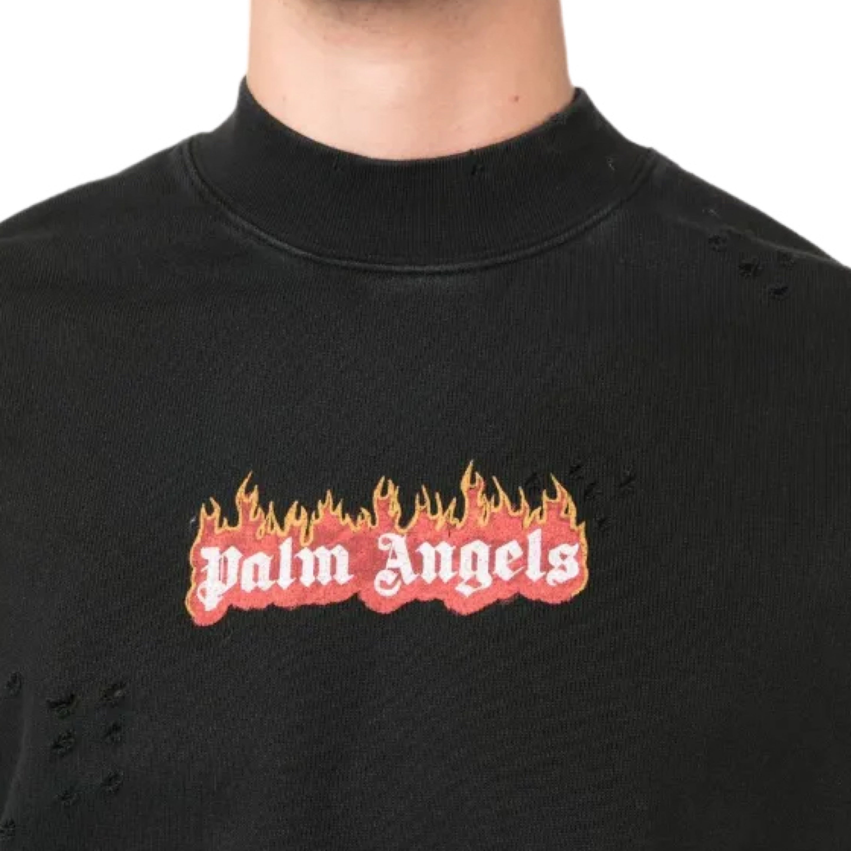 Palm Angels Medium Flame Logo Distressed Black Sweatshirt Crewneck