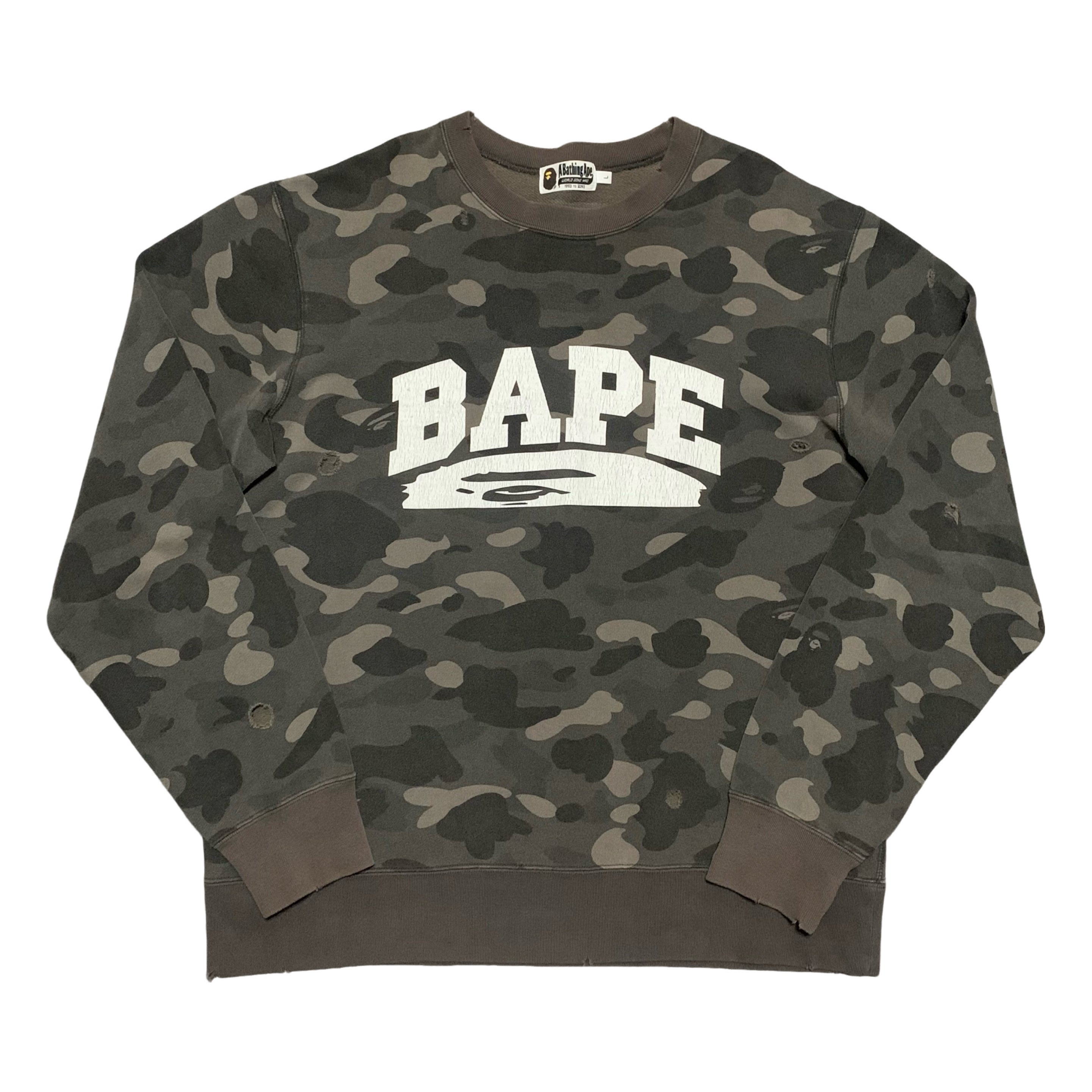 Bape Large Grey Camo Oversized Sweatshirt Crewneck Distressed A Bathing Ape