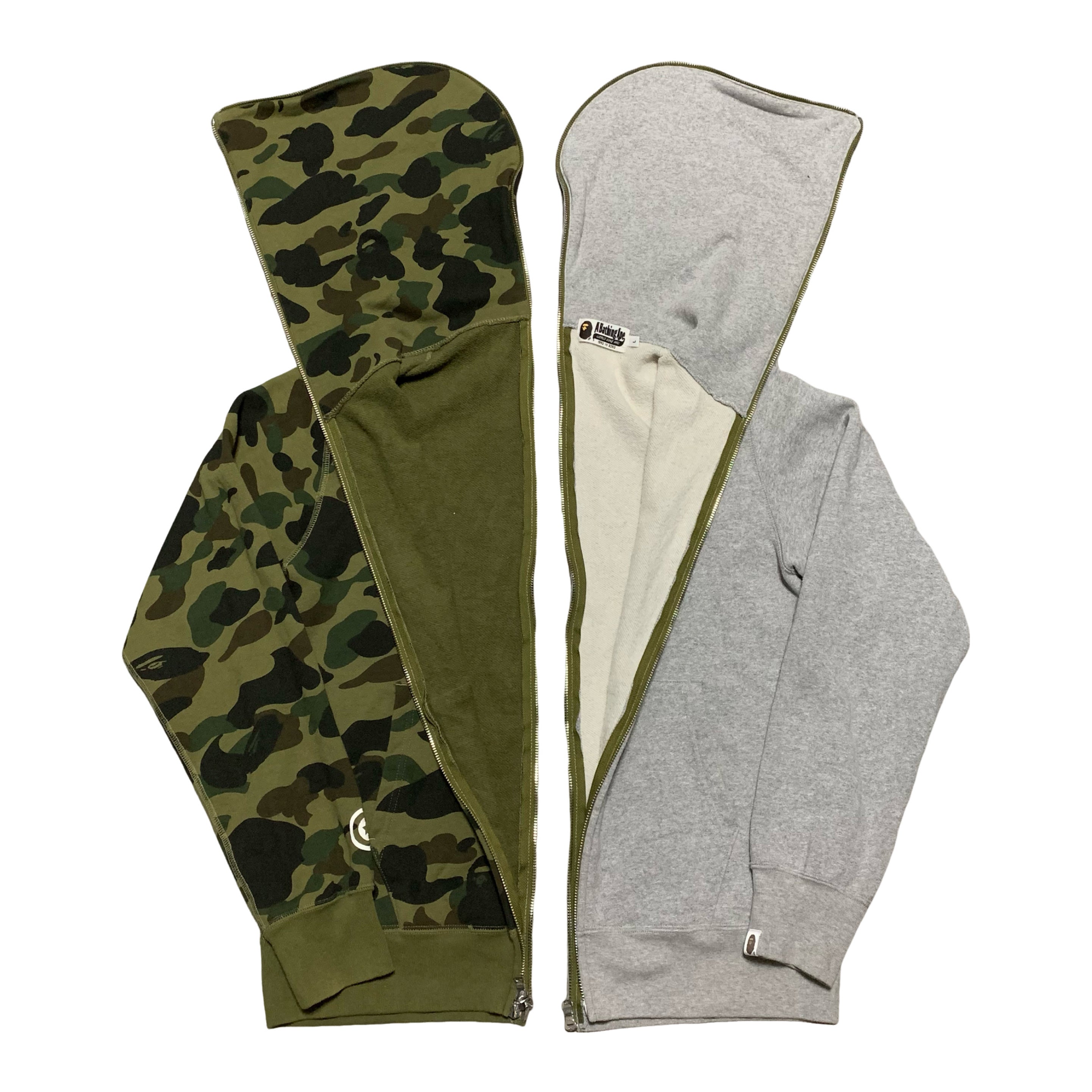 Bape Large Shark 1st Camo Grey Green Half Split Full Zip Hoodie A Bathing Ape