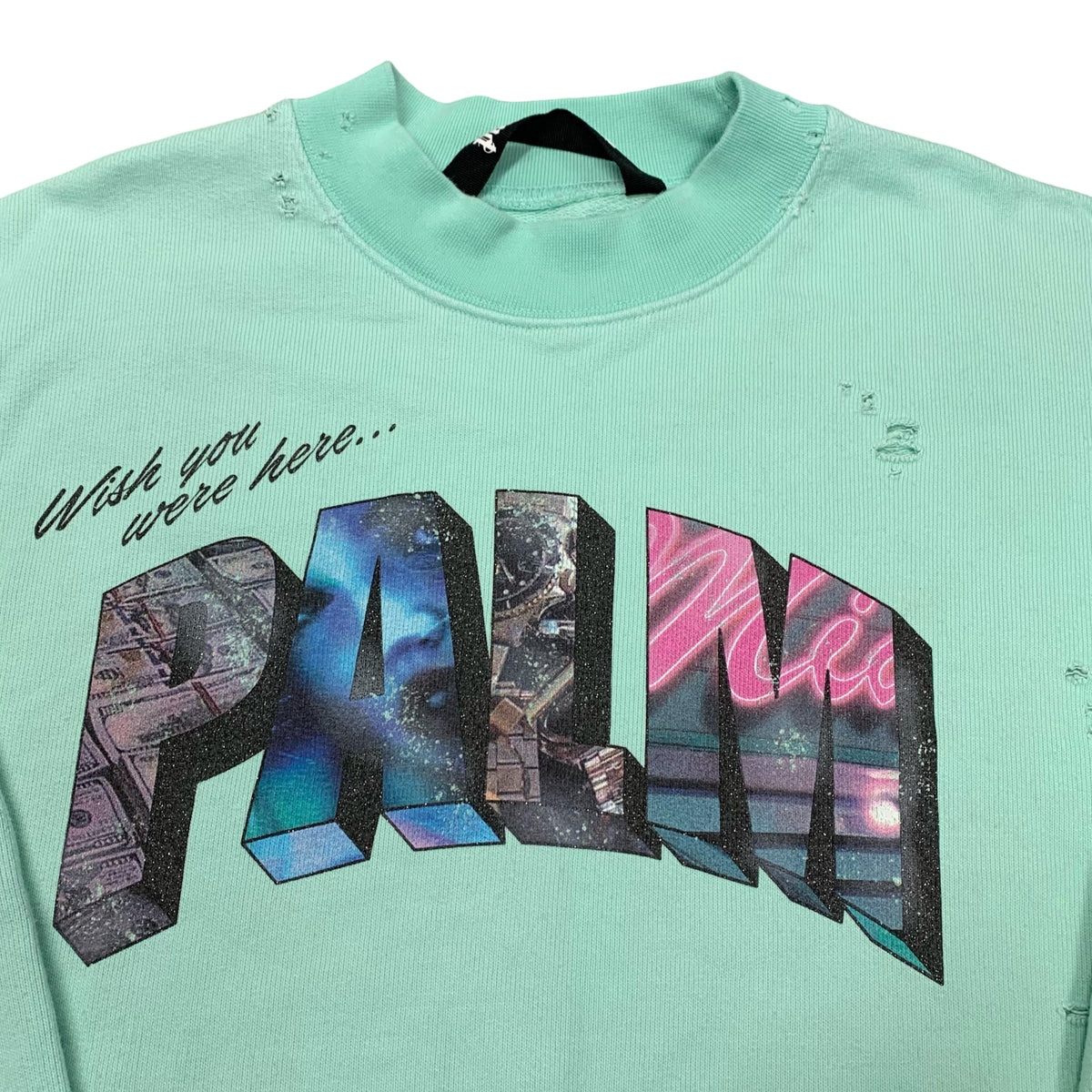 Palm Angels Large Sweatshirt Graphic Distressed Blue Crewneck