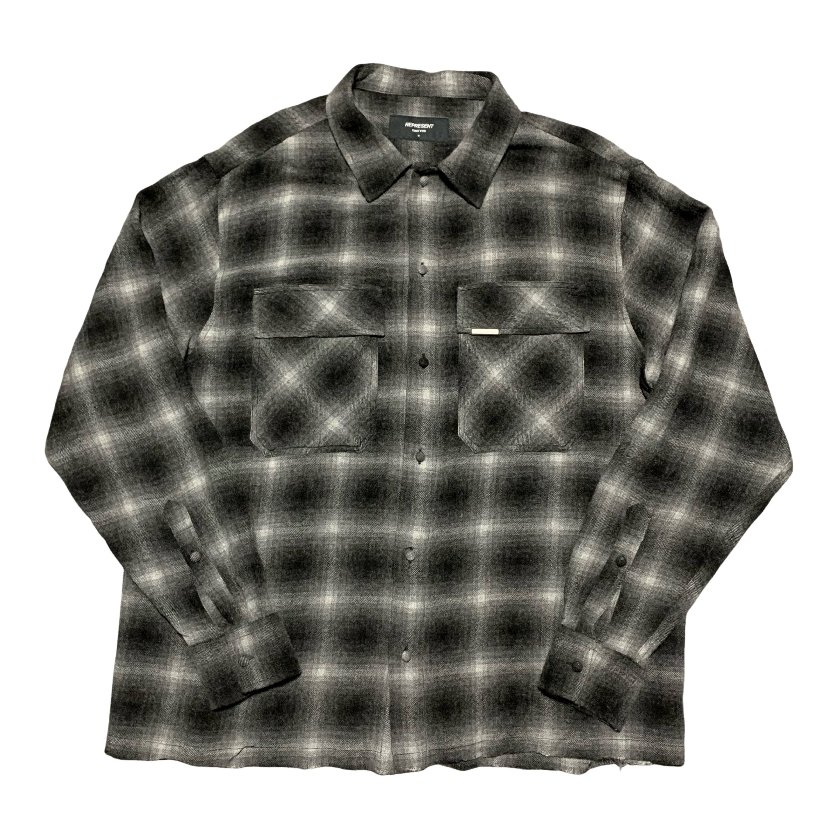 Represent Medium Flannel Shirt Distressed Black Grey Top