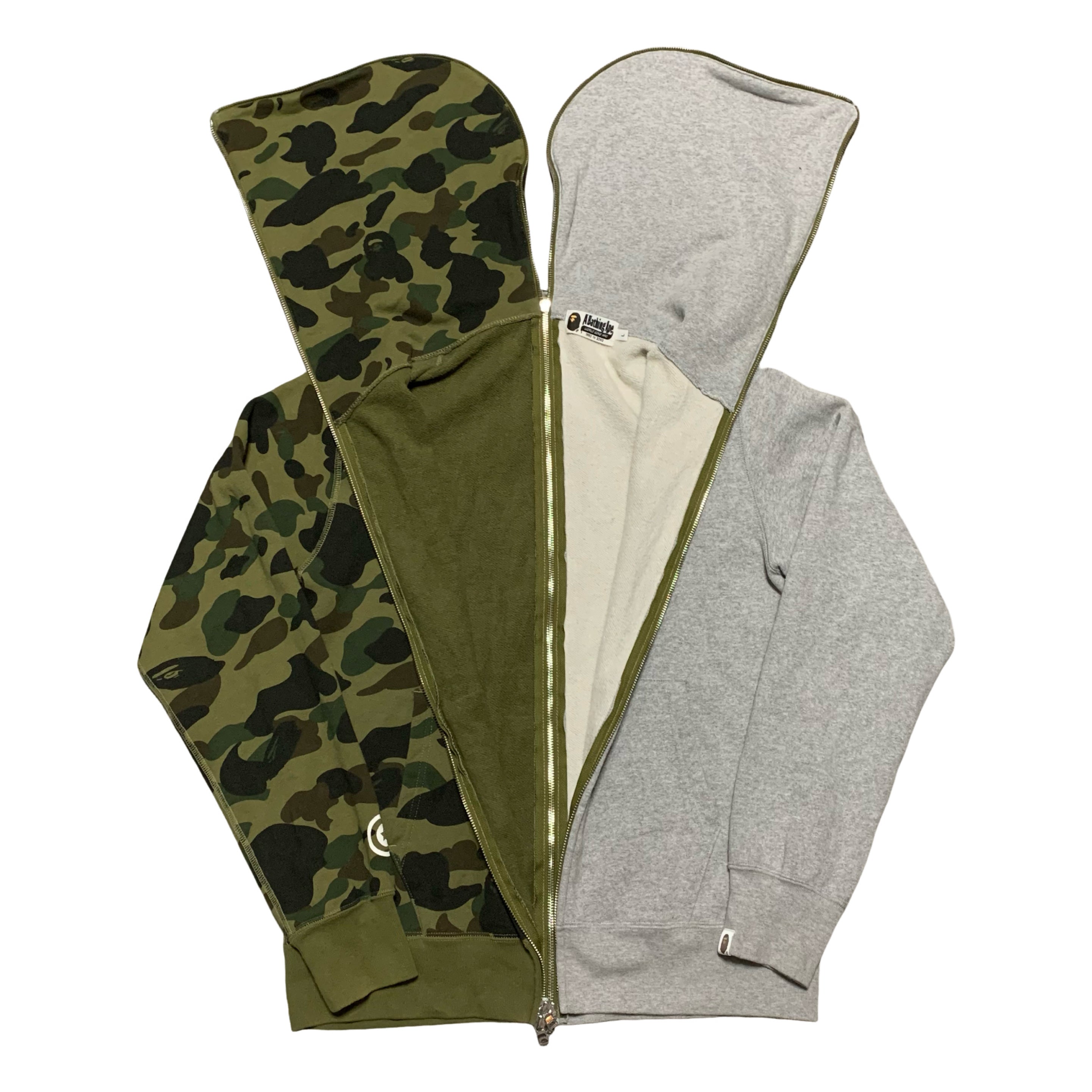 Bape Large Shark 1st Camo Grey Green Half Split Full Zip Hoodie A Bathing Ape