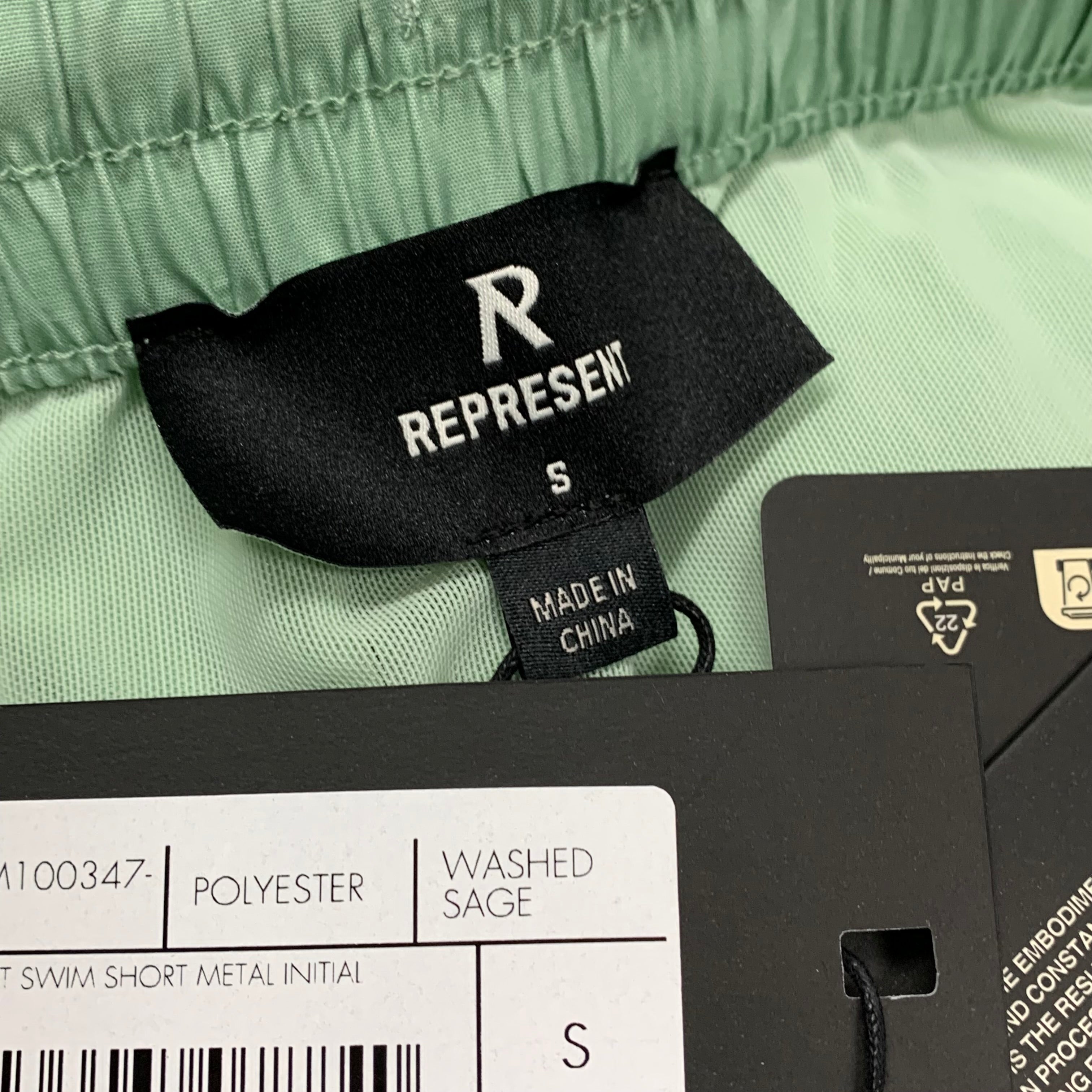 Represent Small Swim Shorts Metal Initial Washed Sage Mint Green