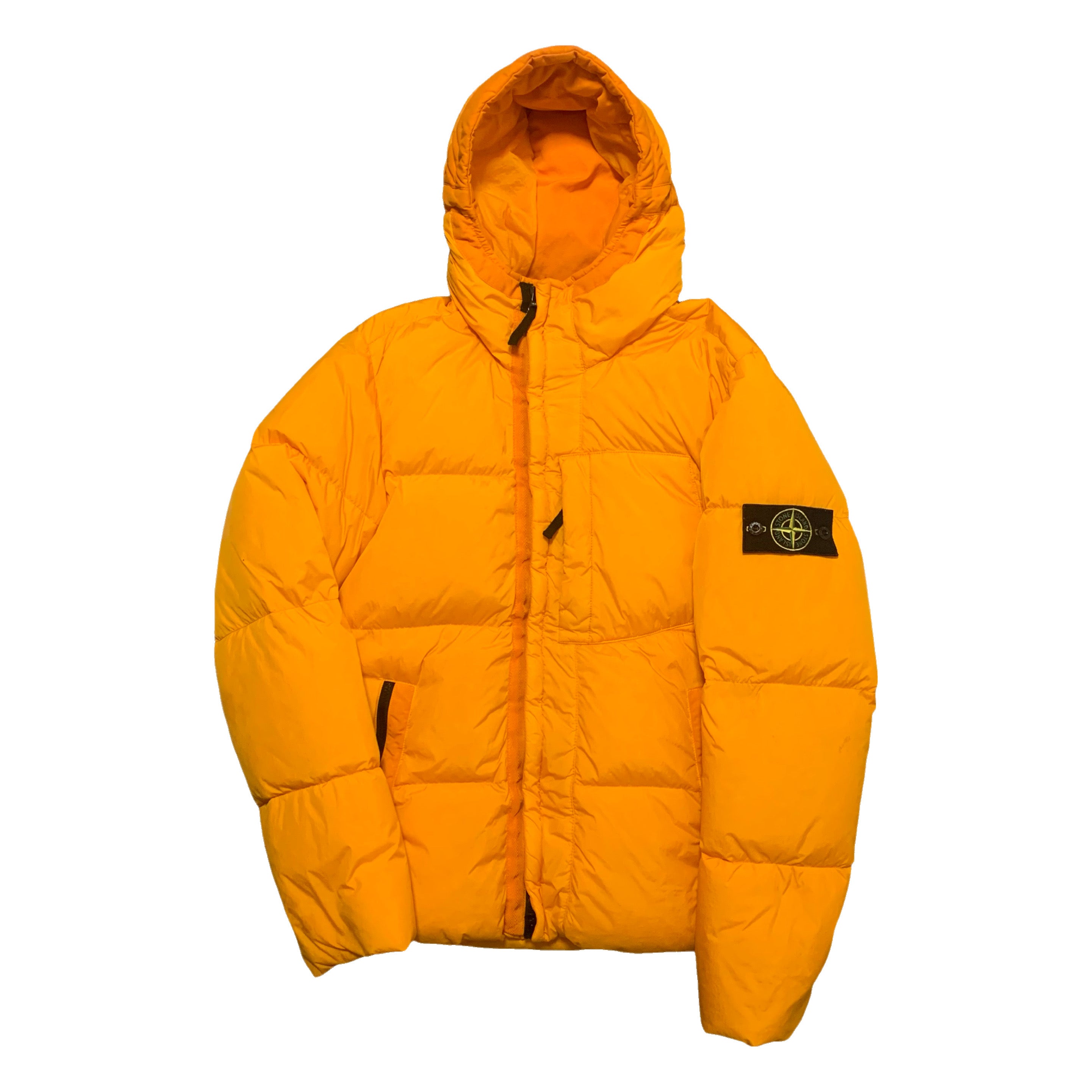 Stone Island Small Orange Garment Dyed Crinkle Reps Hooded Down Jacket 2017