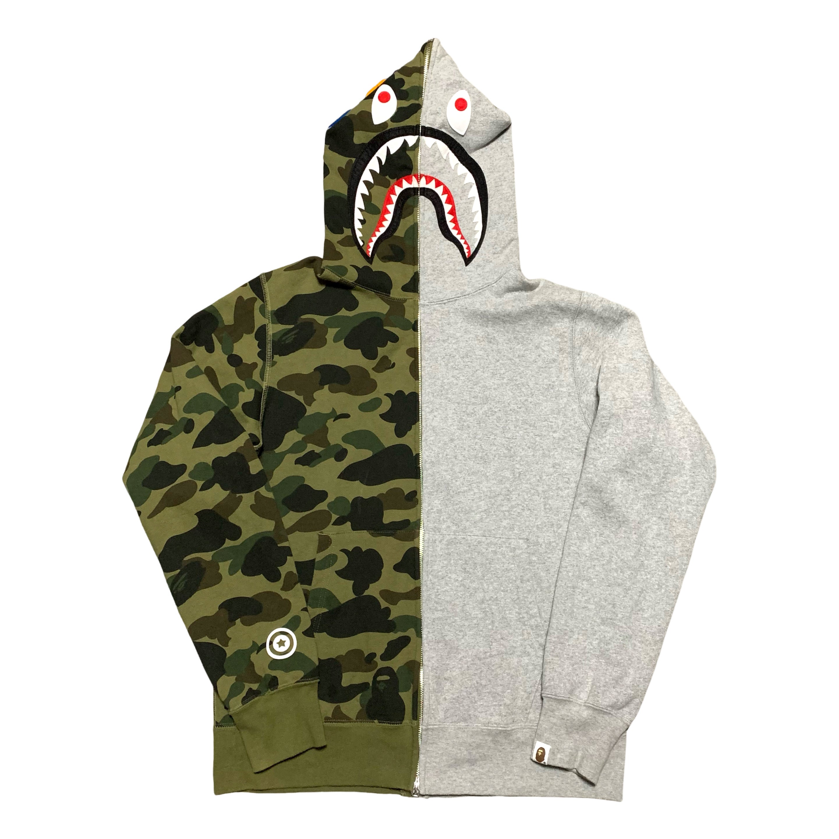 Bape Large Shark 1st Camo Grey Green Half Split Full Zip Hoodie A Bathing Ape