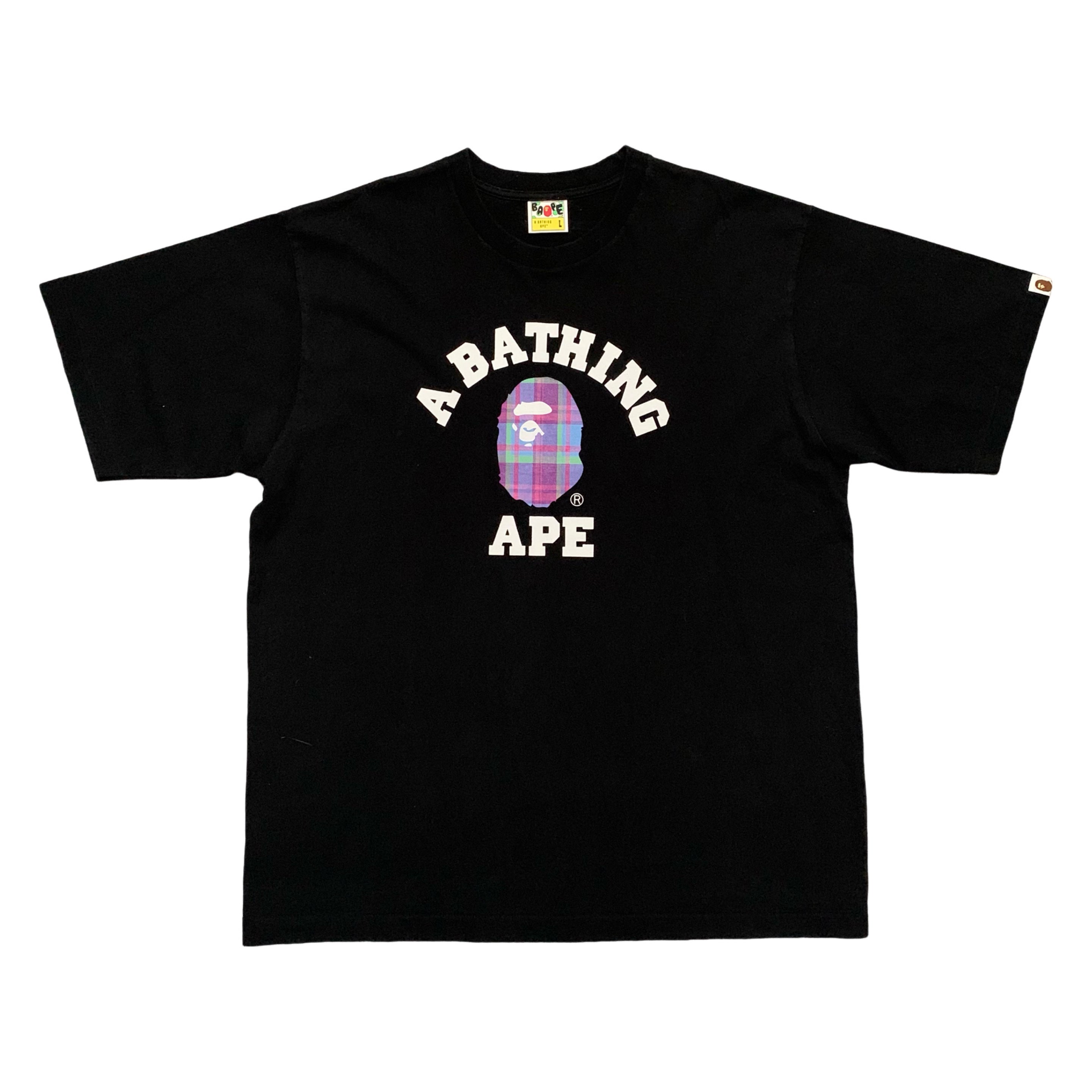 Bape Large College Check Ape Head Black Tee Relaxed Fit