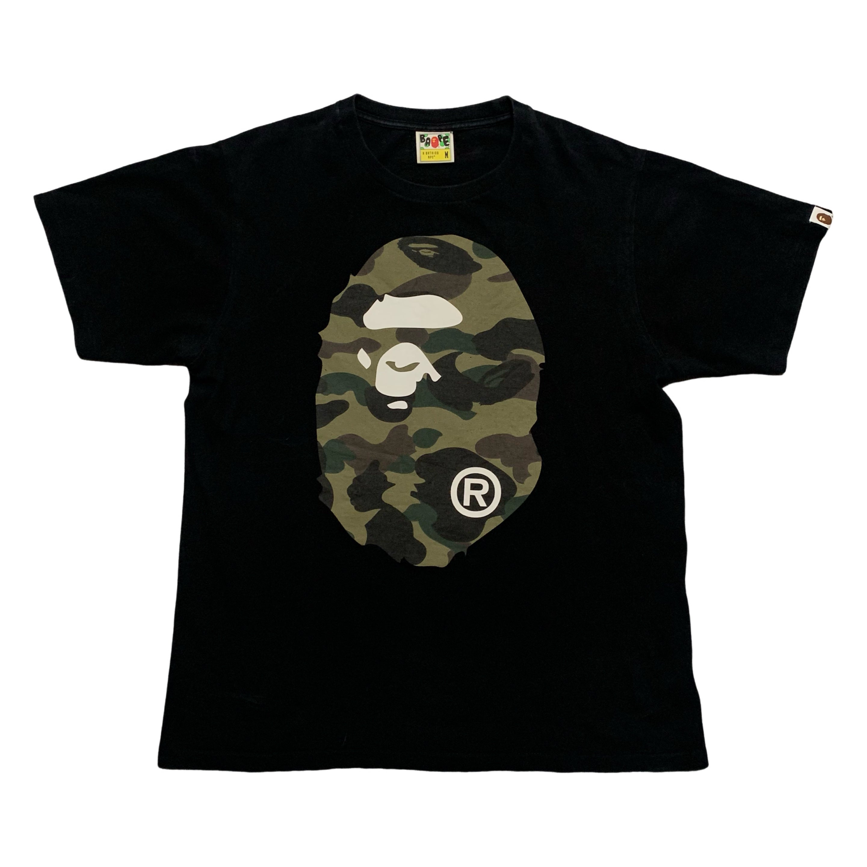 Bape Medium Big Ape Head Green 1st Camo Black Tee