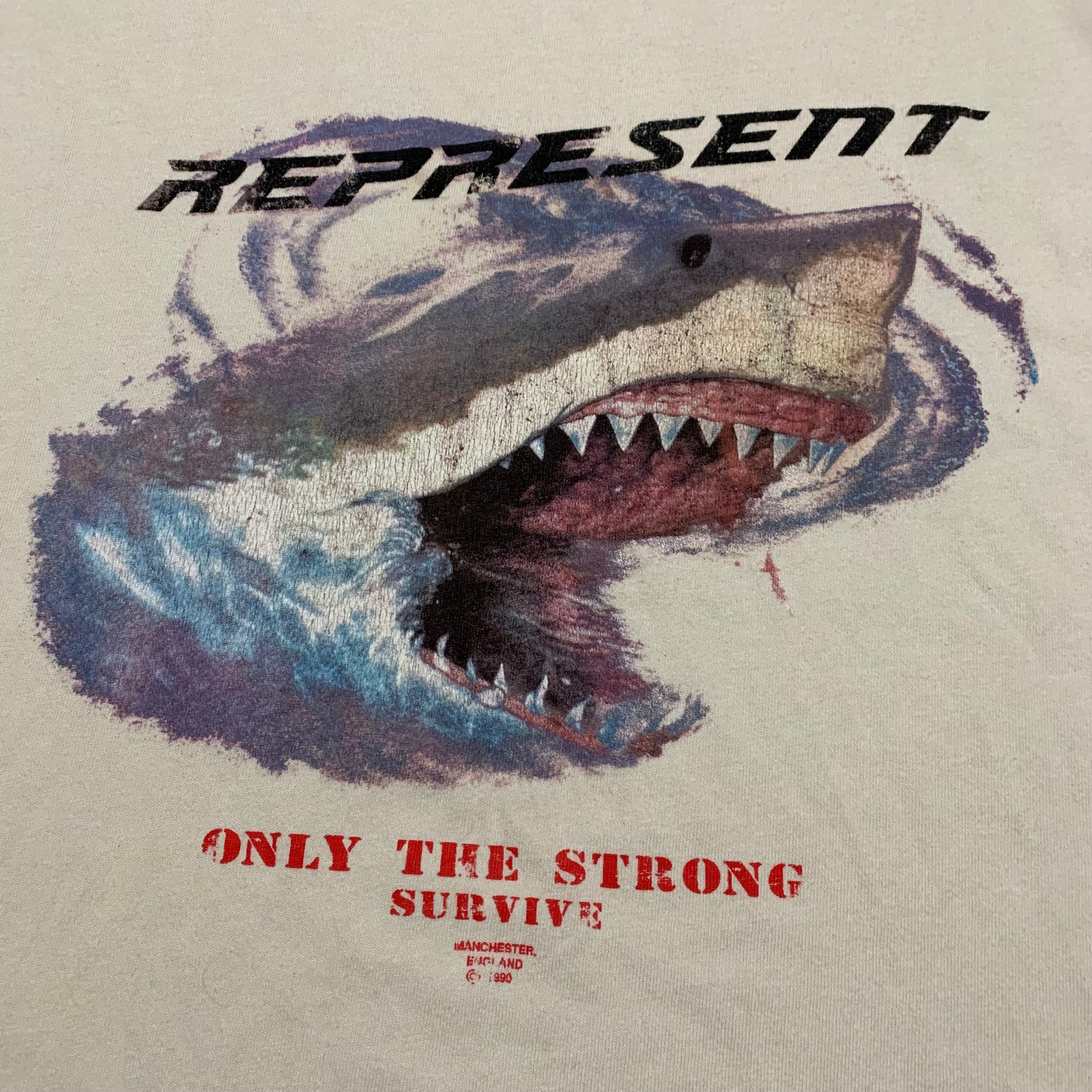 Represent Small Shark Vintage White Tee 'Only The Strong Survive'