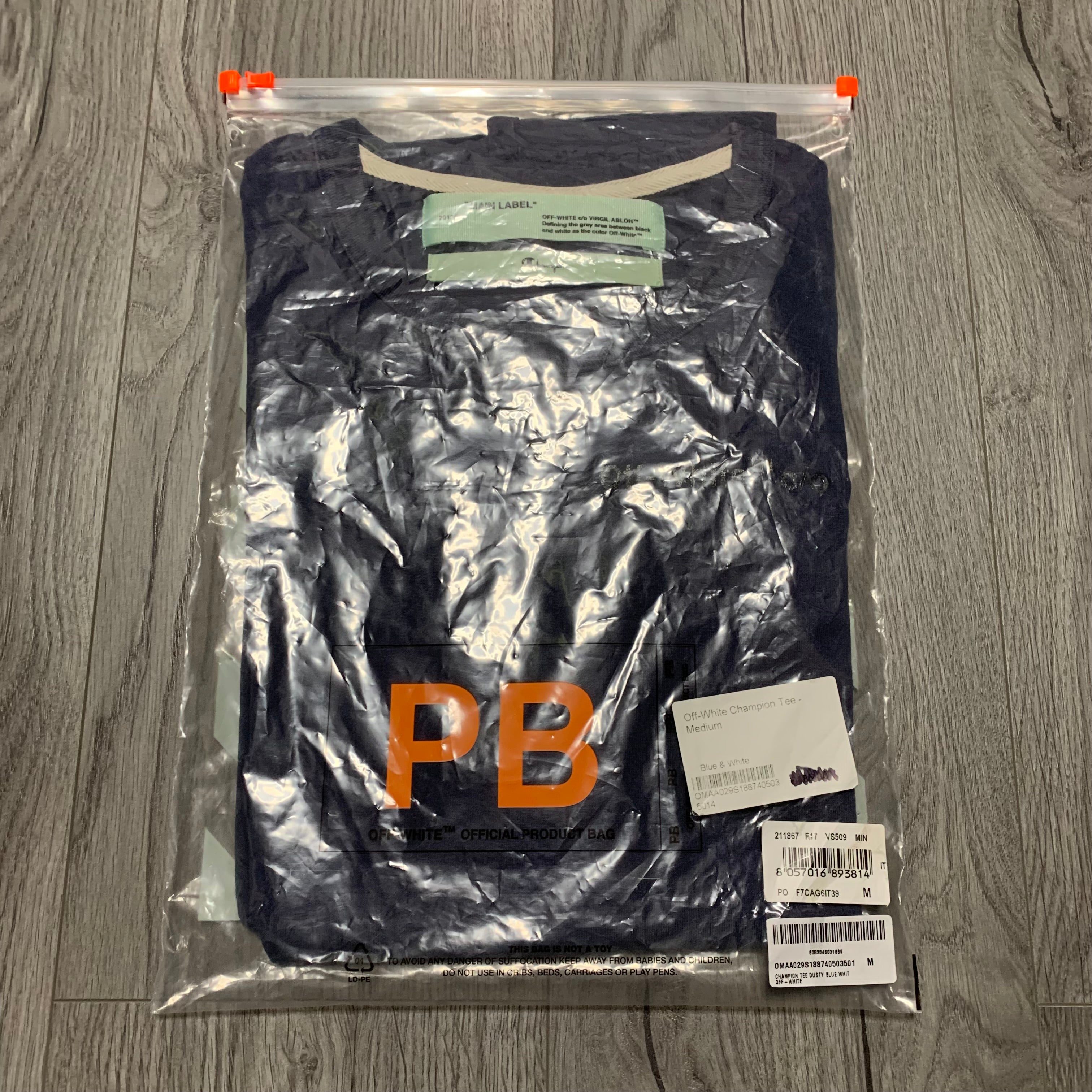 Off White Medium Champion Arrows Dusty Blue Tee Virgil Abloh