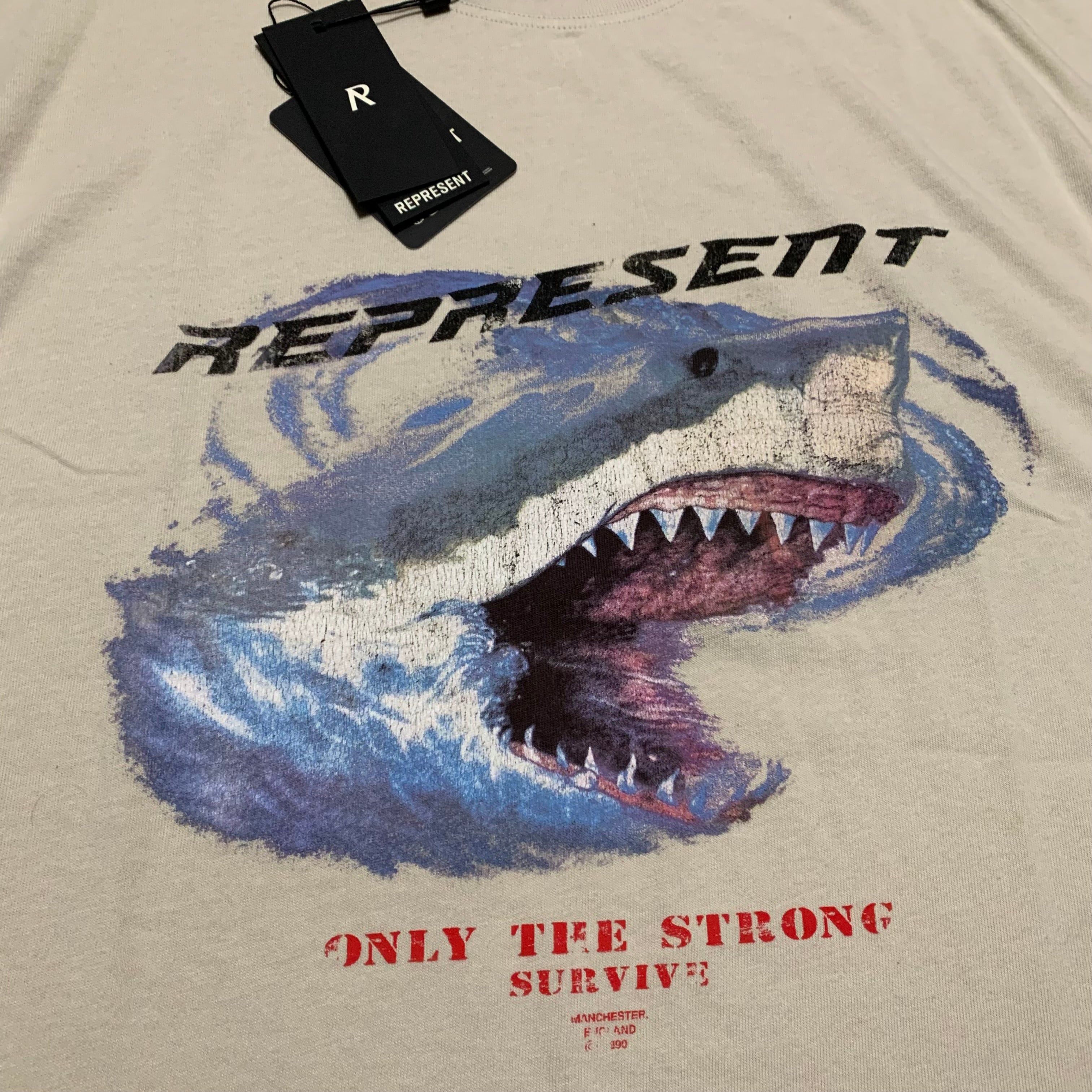 Represent Medium Shark Vintage White Tee Only The Strong Survive
