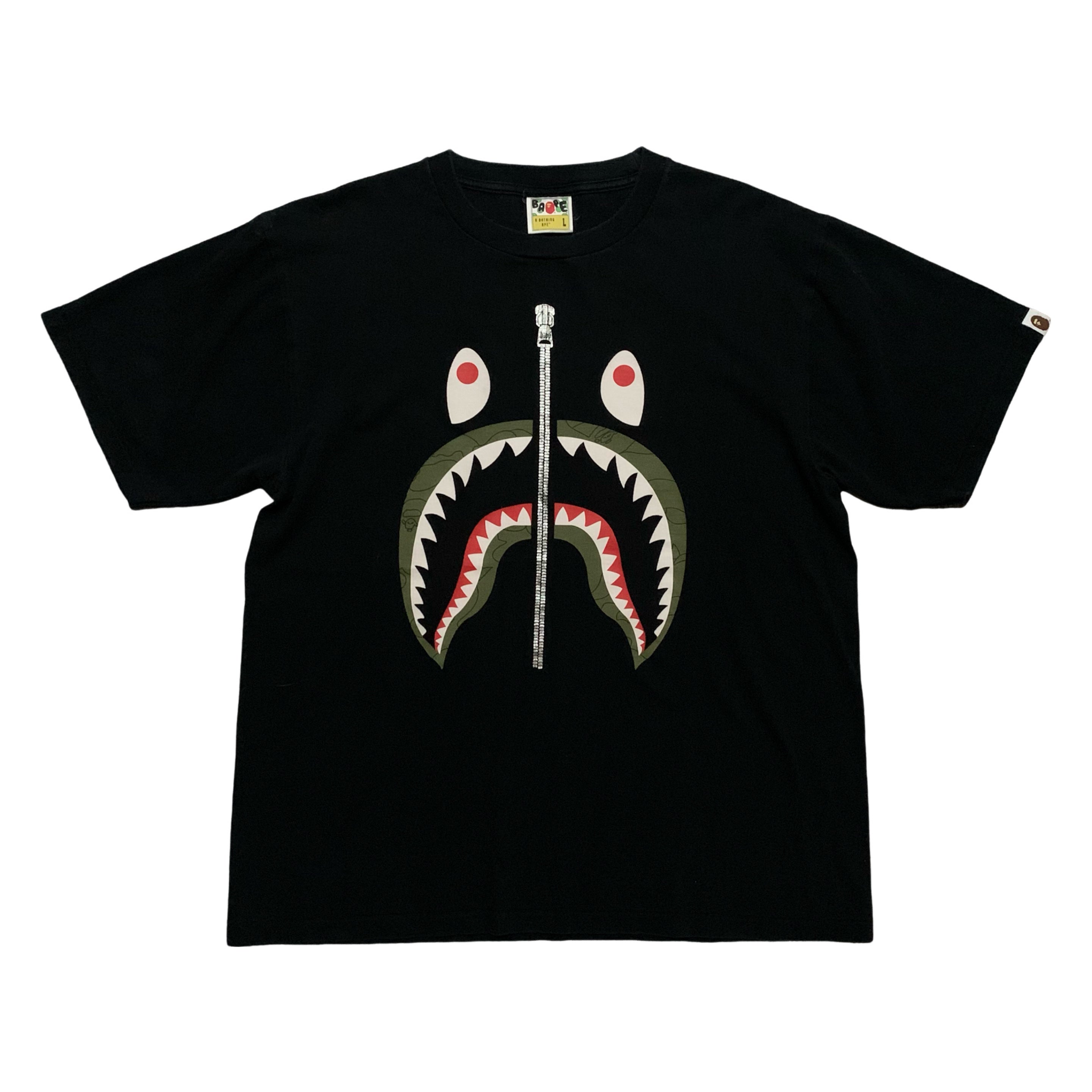 Bape Large Shark Black Tee A Bathing Ape Green Camo