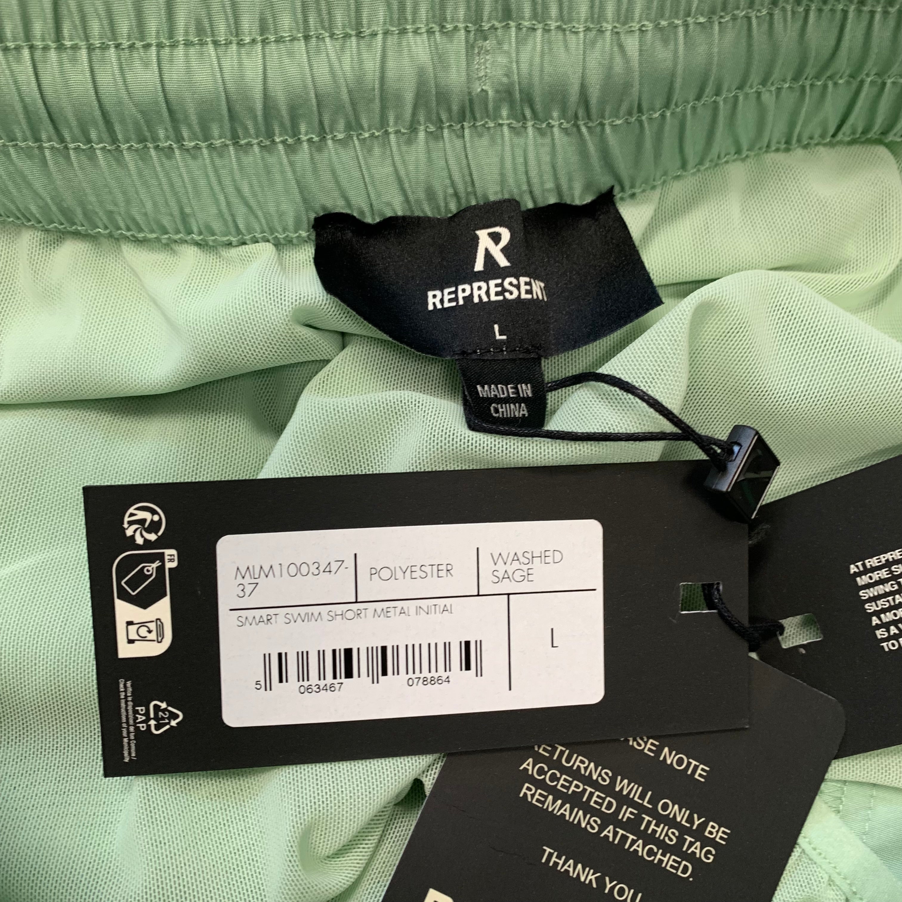 Represent Large Swim Shorts Metal Initial Washed Sage Mint Green