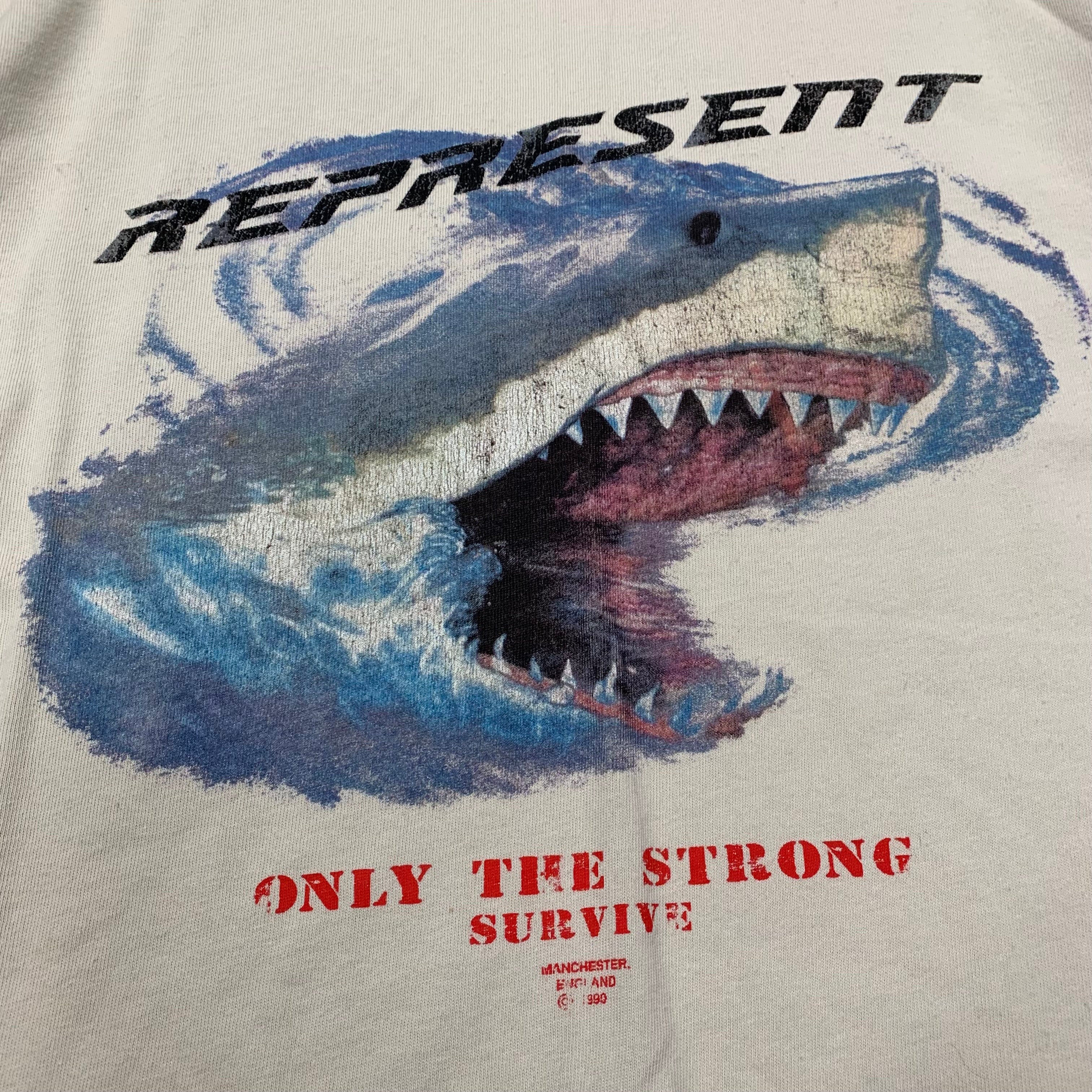 Represent XS Tee Only The Strong Survive Vintage White T-Shirt Shark Graphic