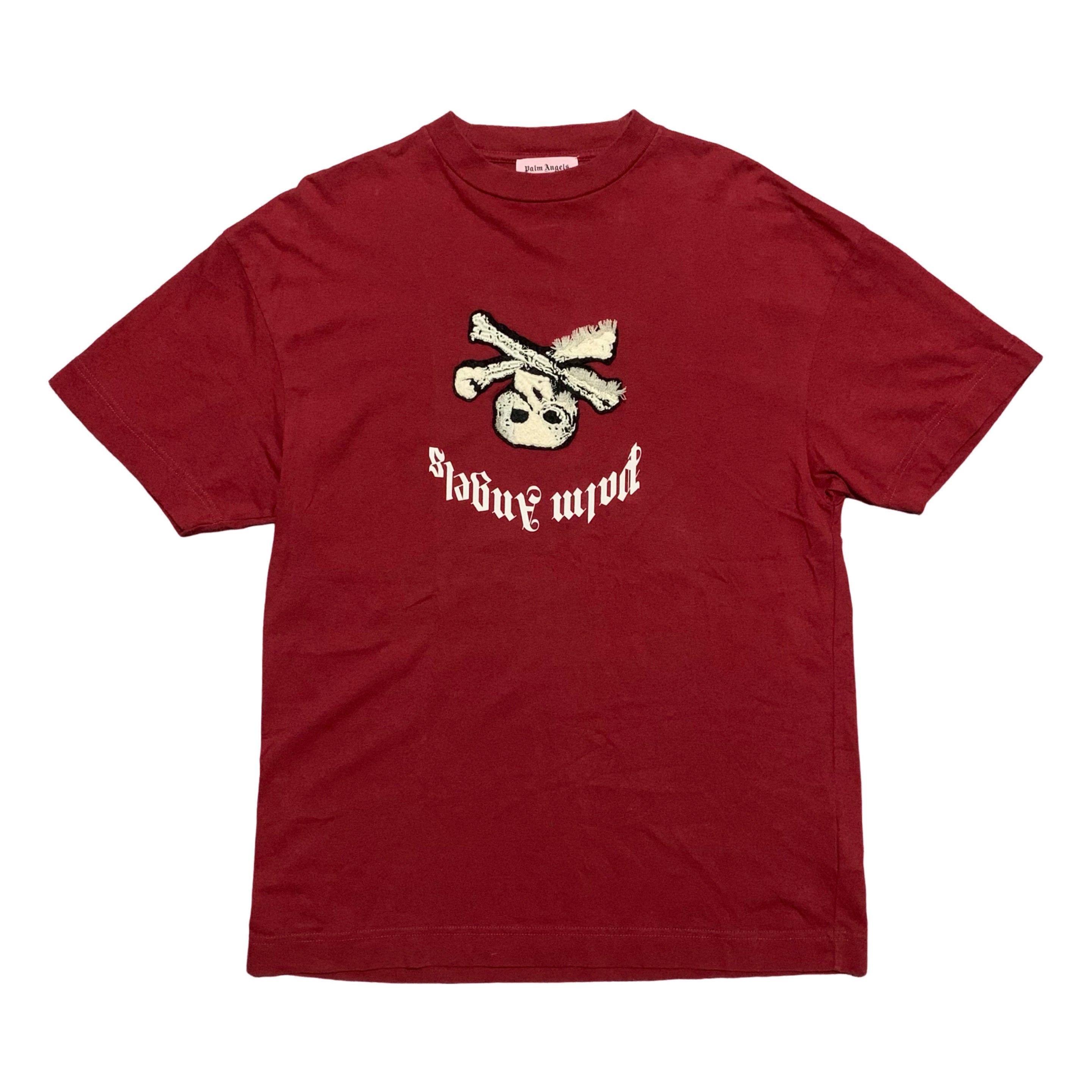 Palm Angels Small Skull Embroidered Logo Burgundy Red Tee