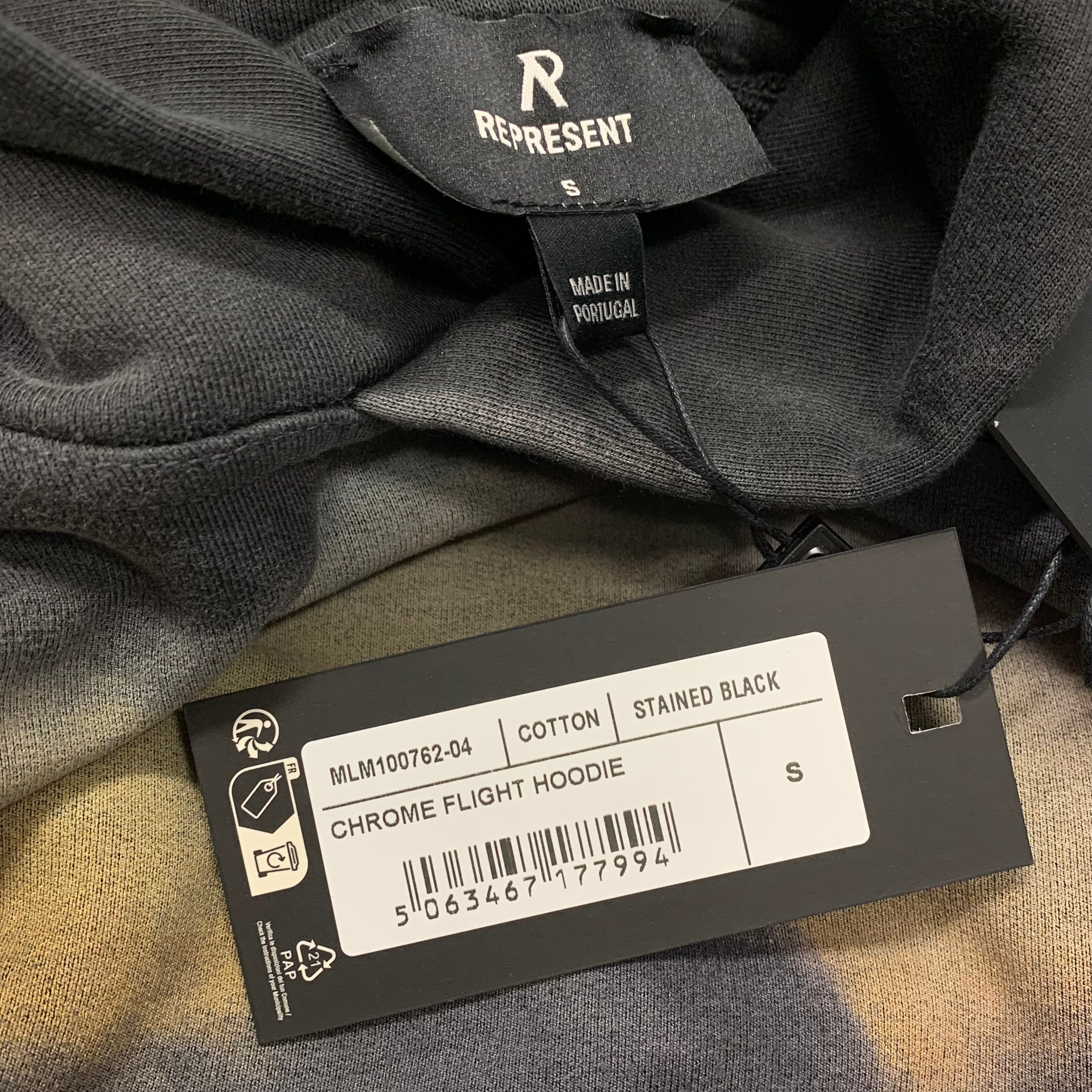 Represent Small Hoodie Chrome Flight Hoodie Stained Black Hoodie (RRP £180)