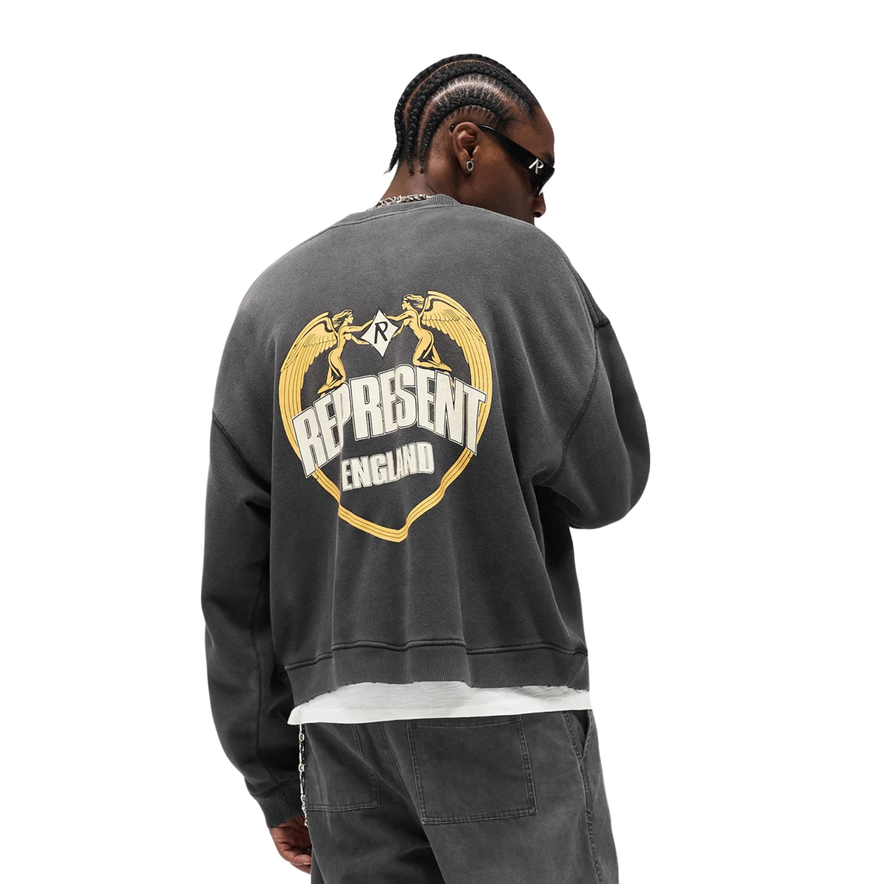 Represent XS Angel Border Stained Black Sweater Sweatshirt Crewneck