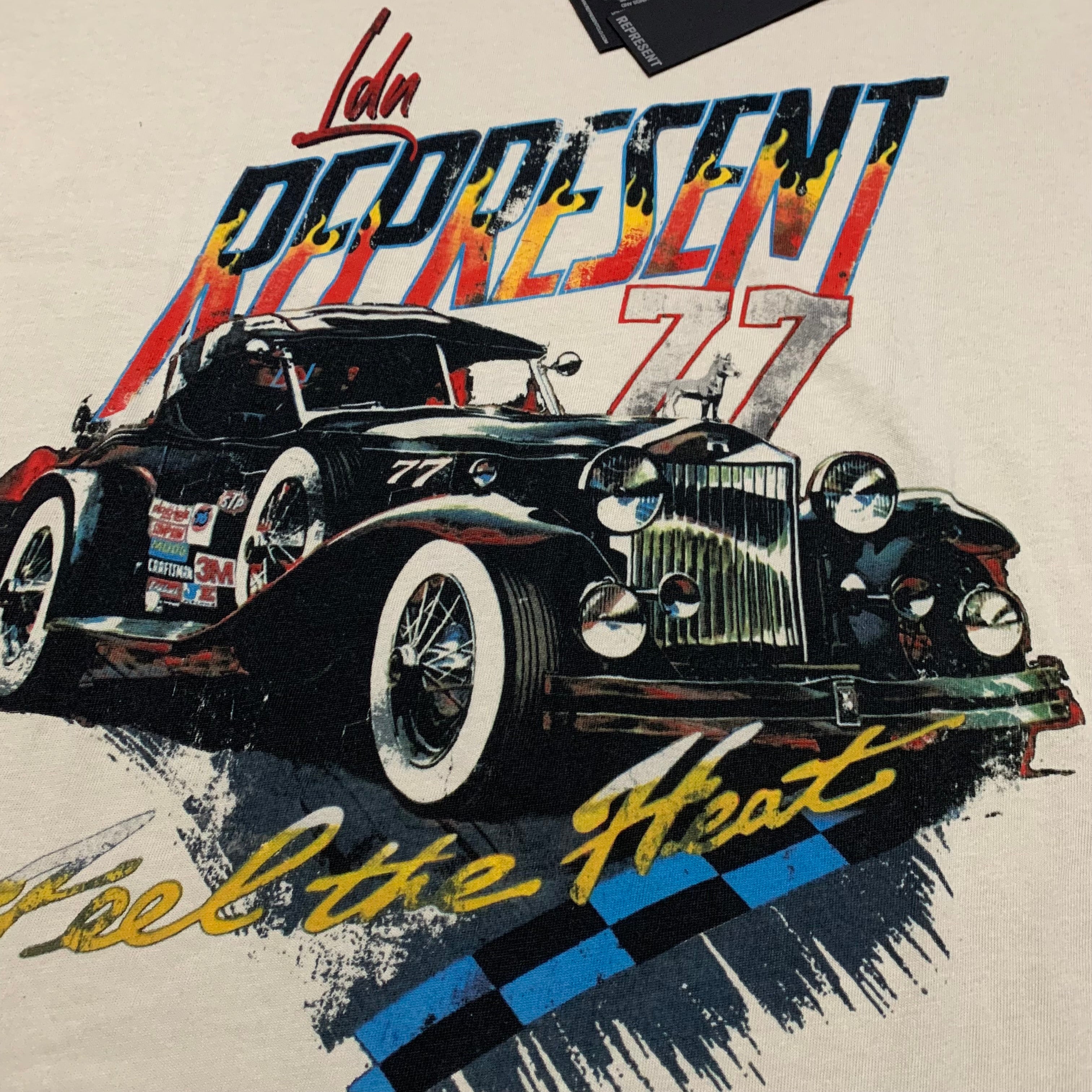 Represent Small Feel The Heat Vintage White Tee Car Graphic