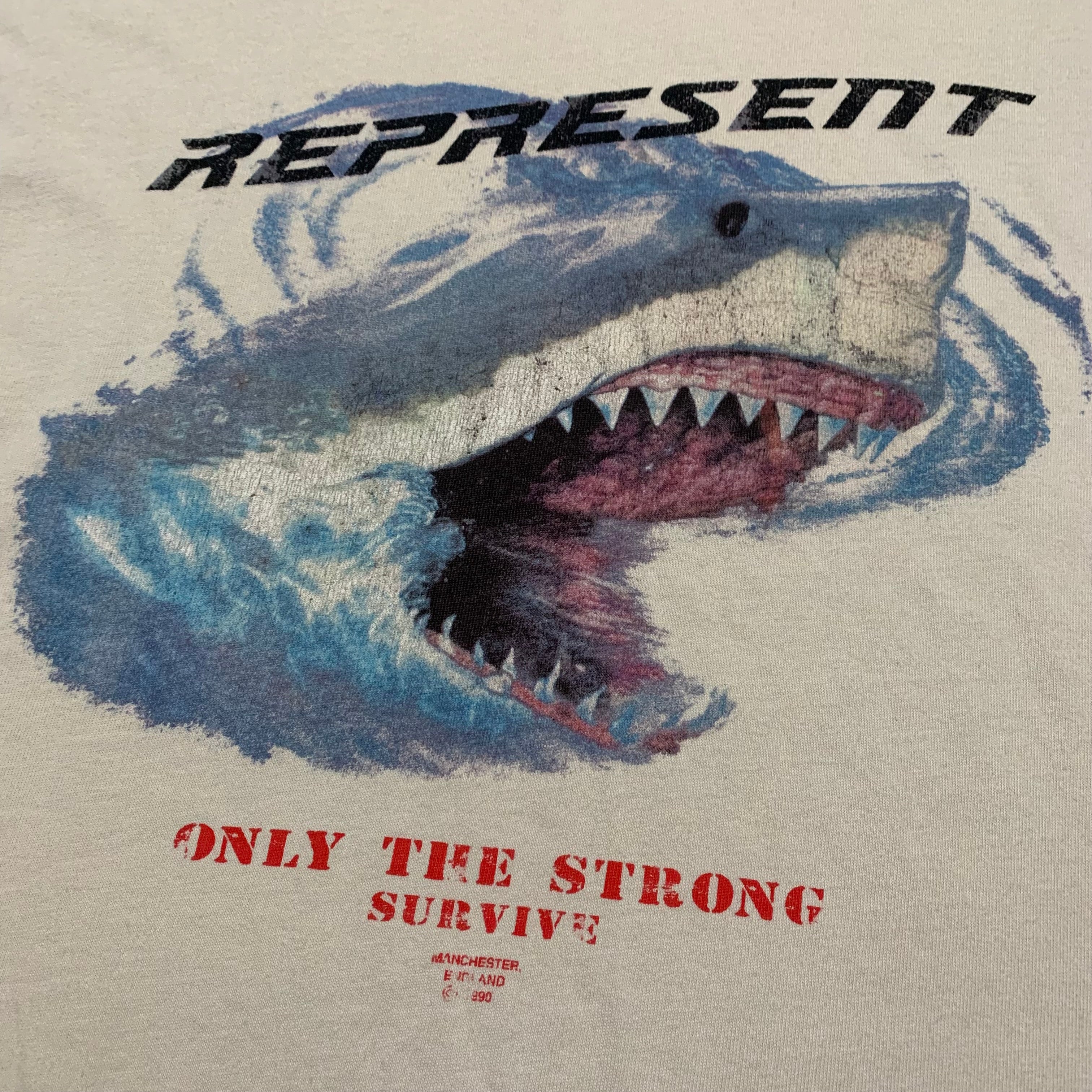 Represent Large Shark Vintage White Tee 'Only The Strong Survive'