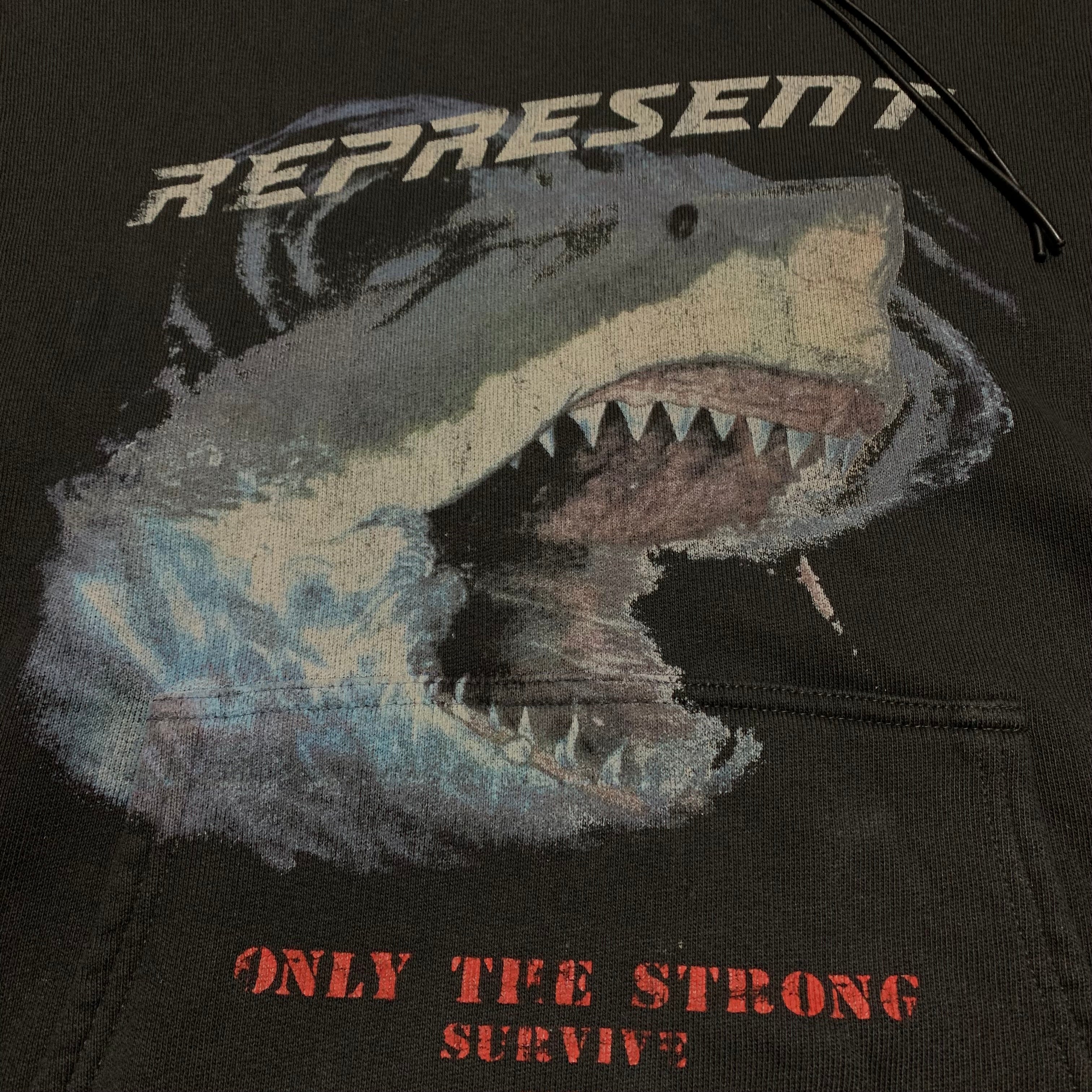 Represent Large Shark Vintage Black Hoodie Only The Strong Survive