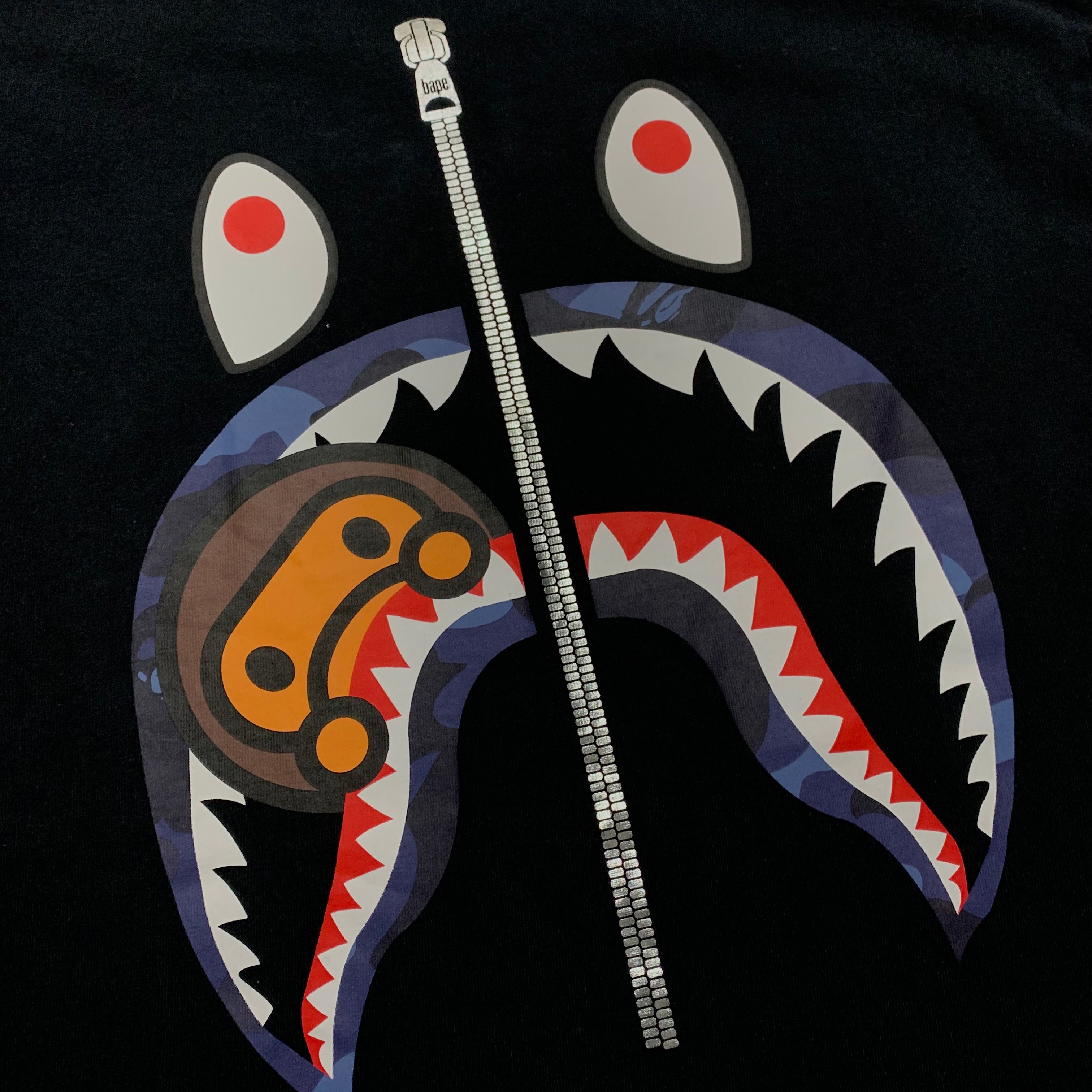 Bape Medium Shark Baby Milo Black Tee A Bathing Ape Blue Camo