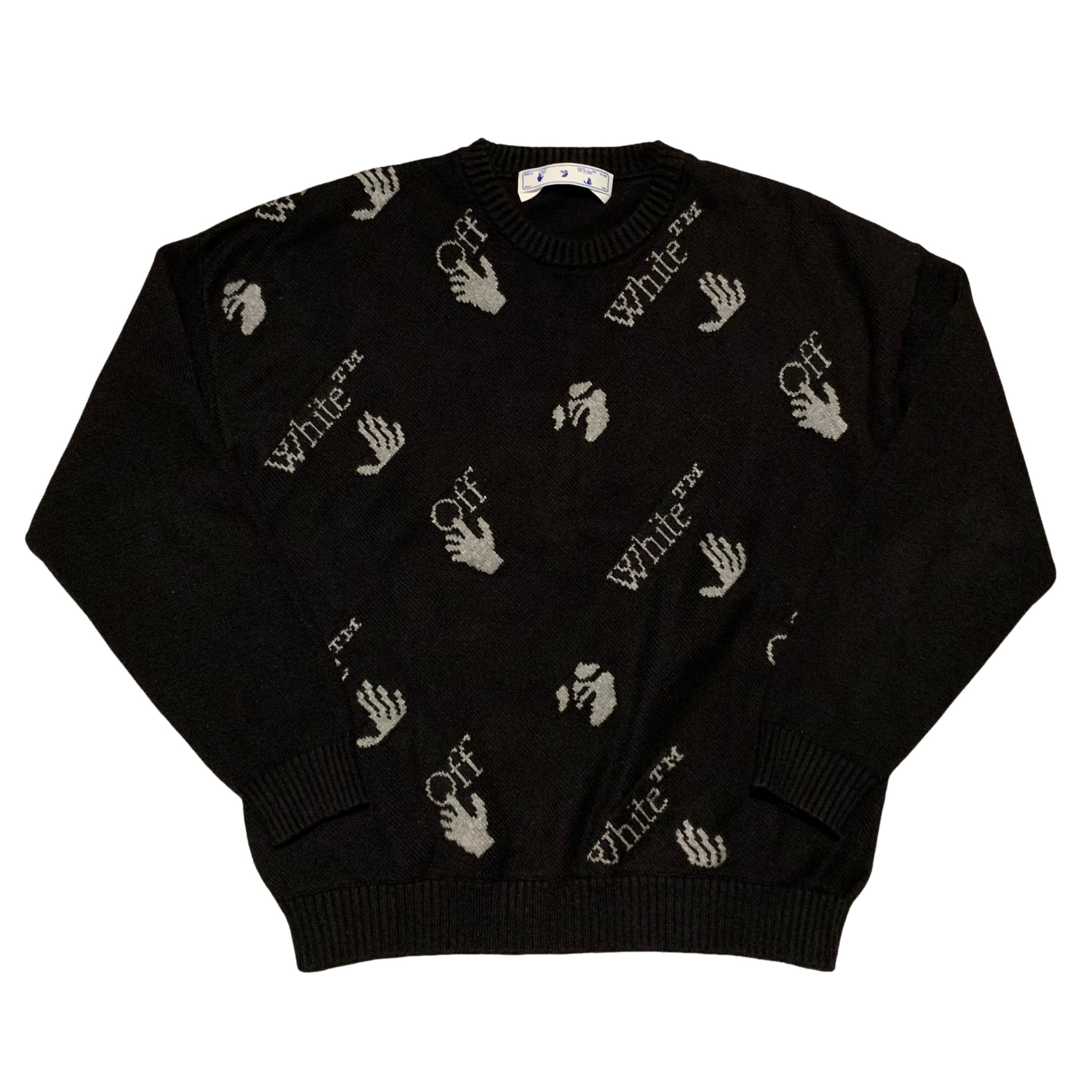 Off White Large Knitted Black Sweatshirt Crewneck All Over Logo Virgil Abloh Knitwear
