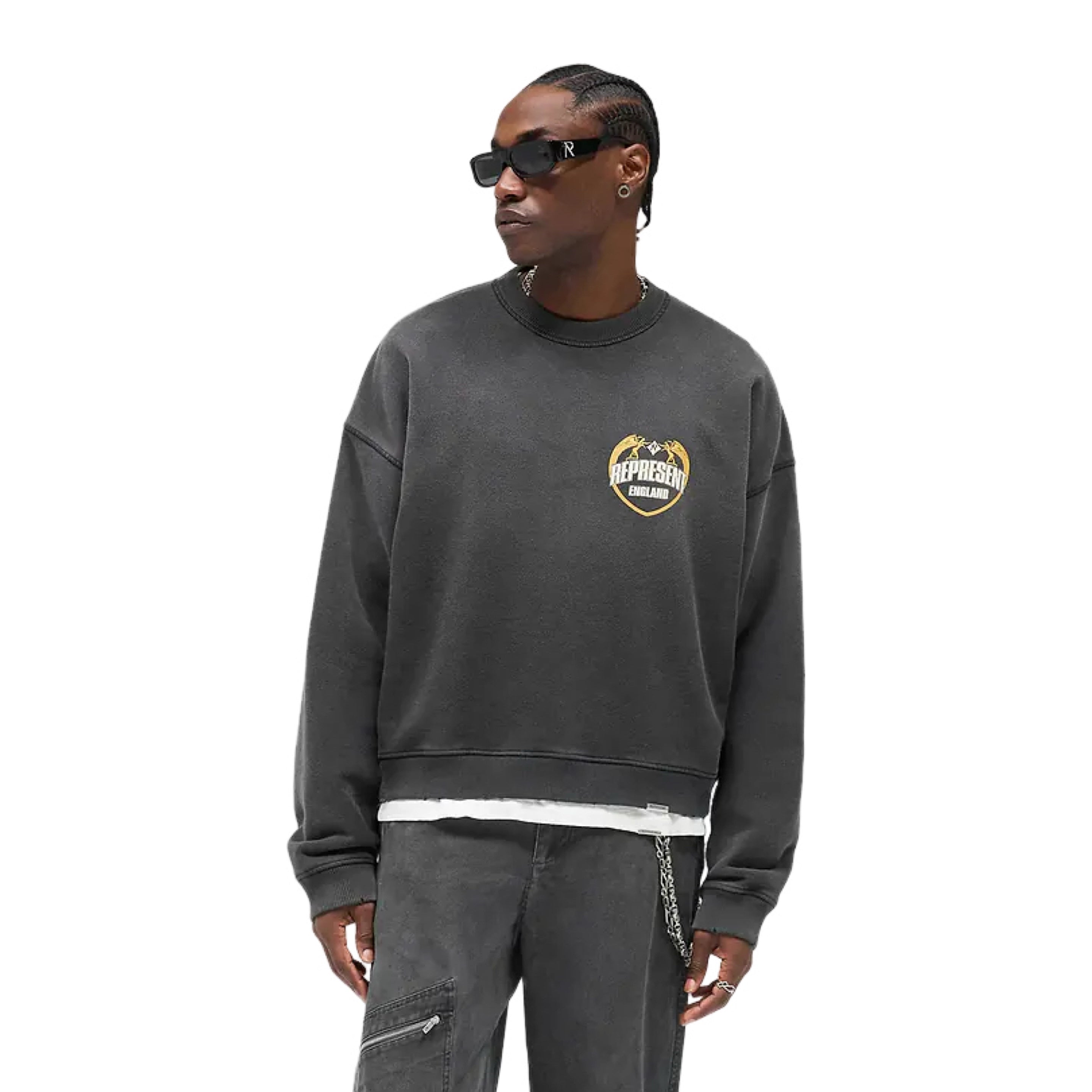 Represent XS Angel Border Stained Black Sweater Sweatshirt Crewneck