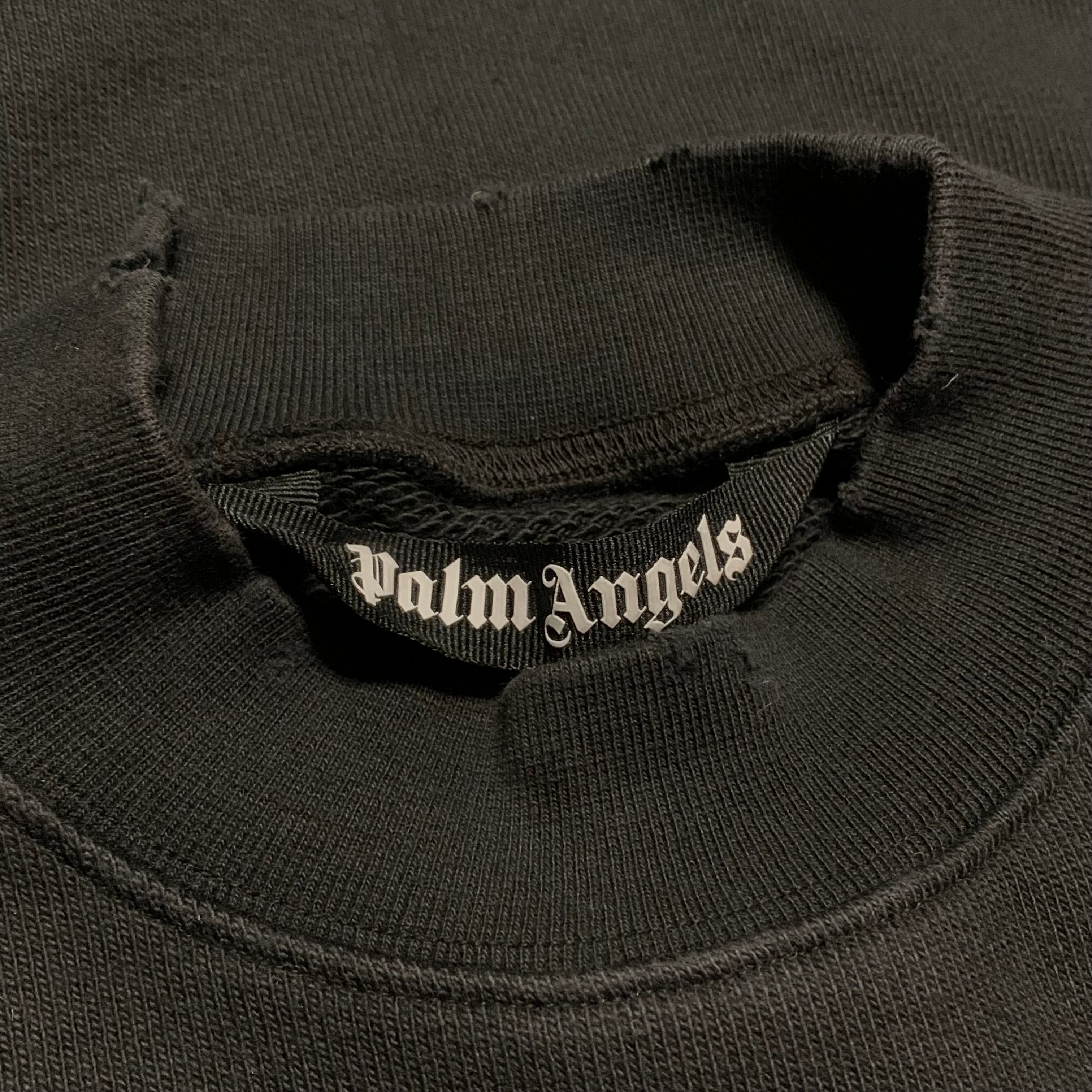 Palm Angels Medium Flame Logo Distressed Black Sweatshirt Crewneck