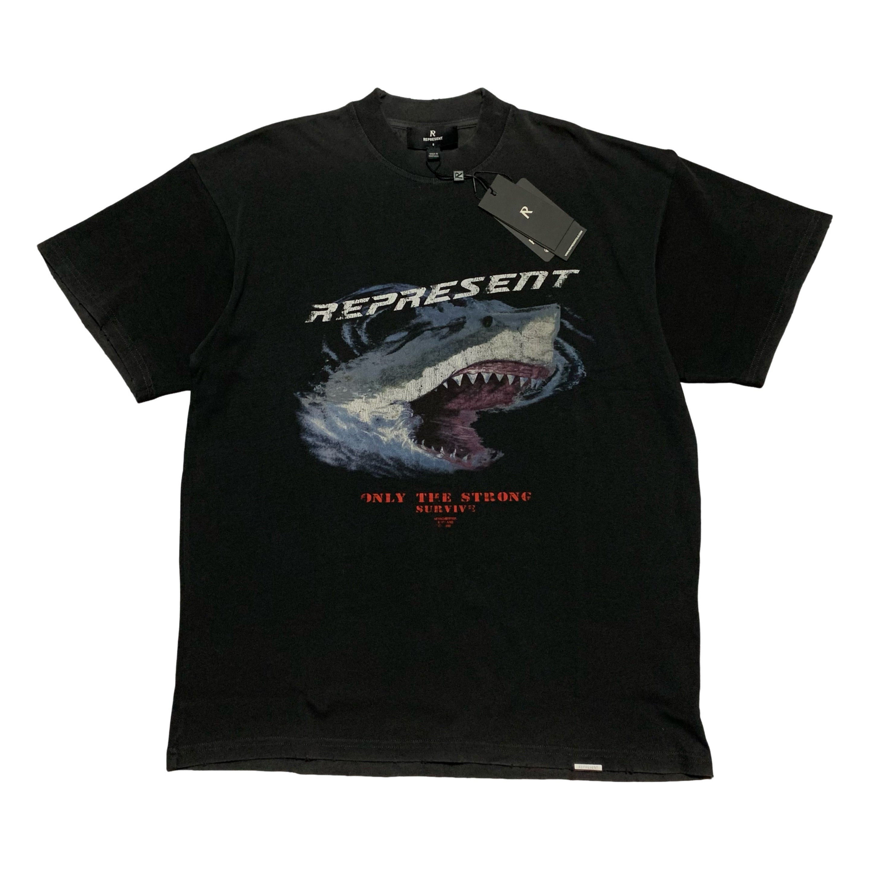 Represent Small Only The Strong Survive Vintage Black Tee Shark Graphic