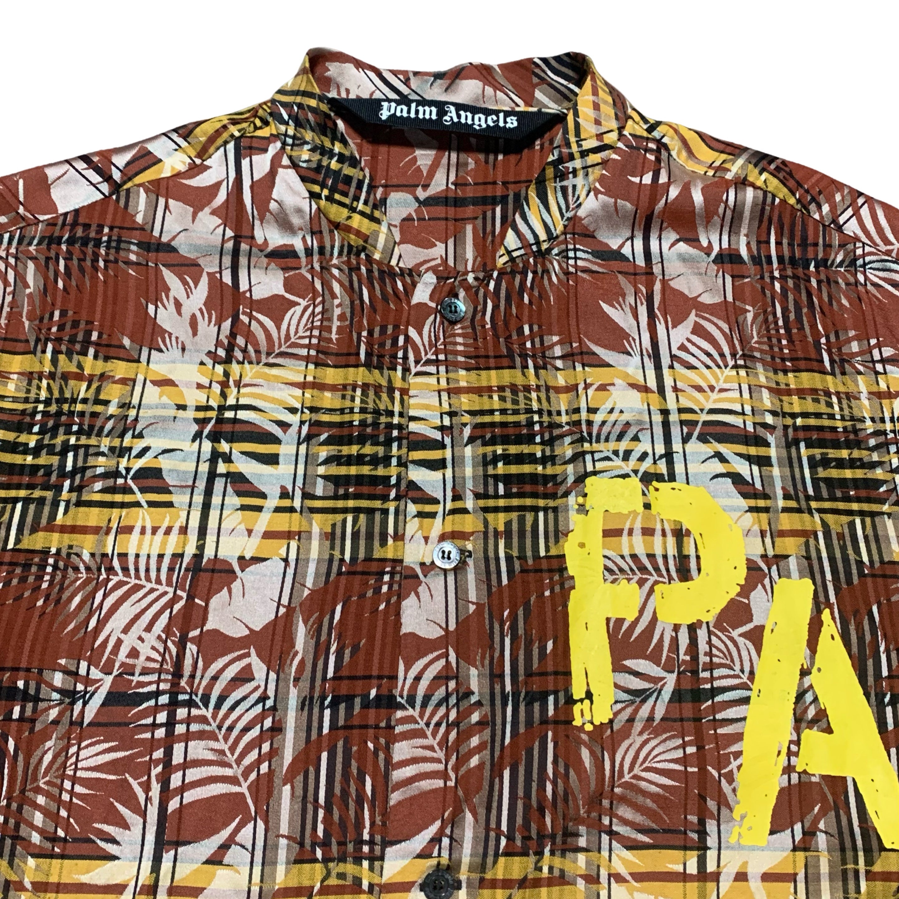 Palm Angels Small Shirt PA Logo Plaid Bowling Shirt Burgundy Yellow 46