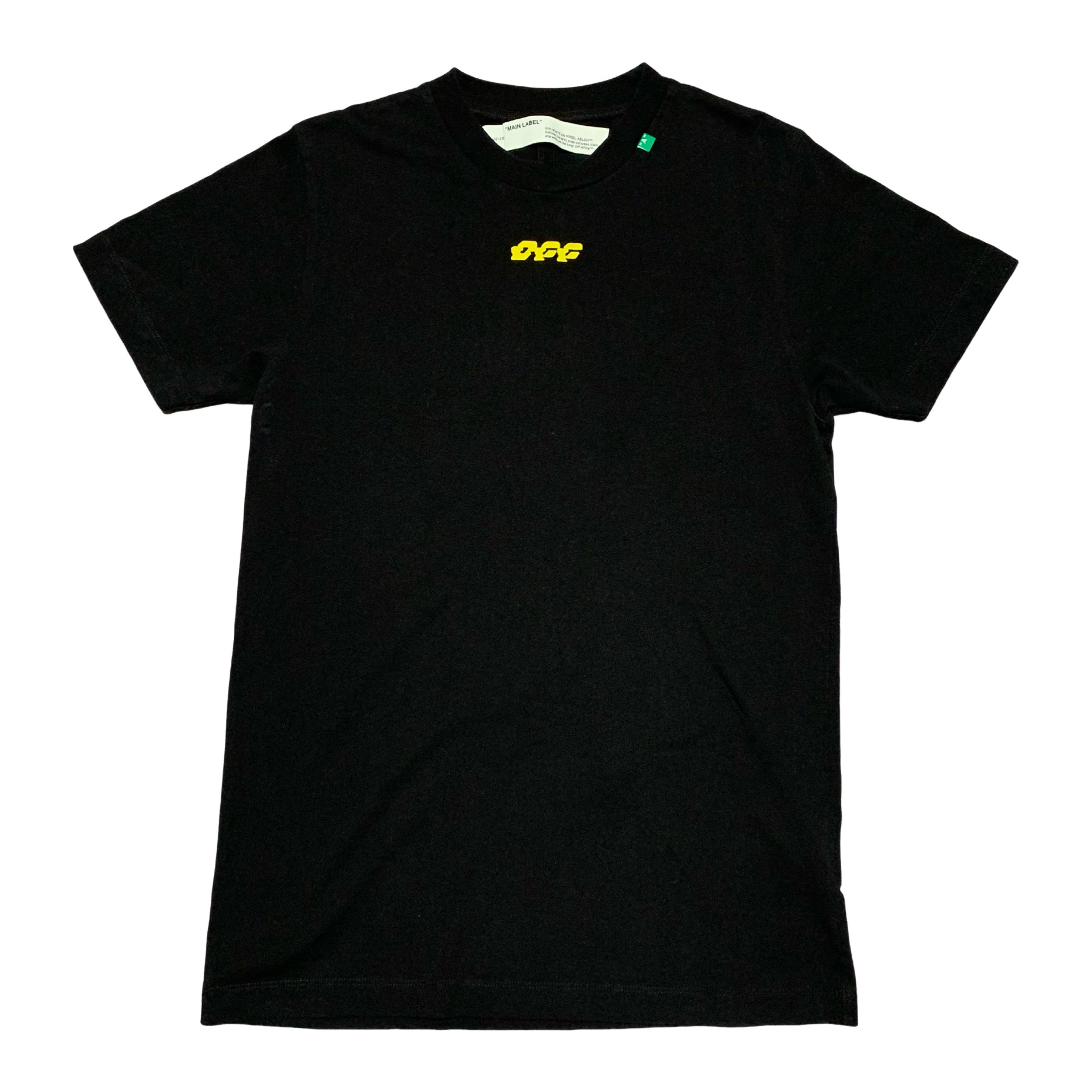 Off White Small Yellow Disrupted Font Black Tee Virgil Abloh