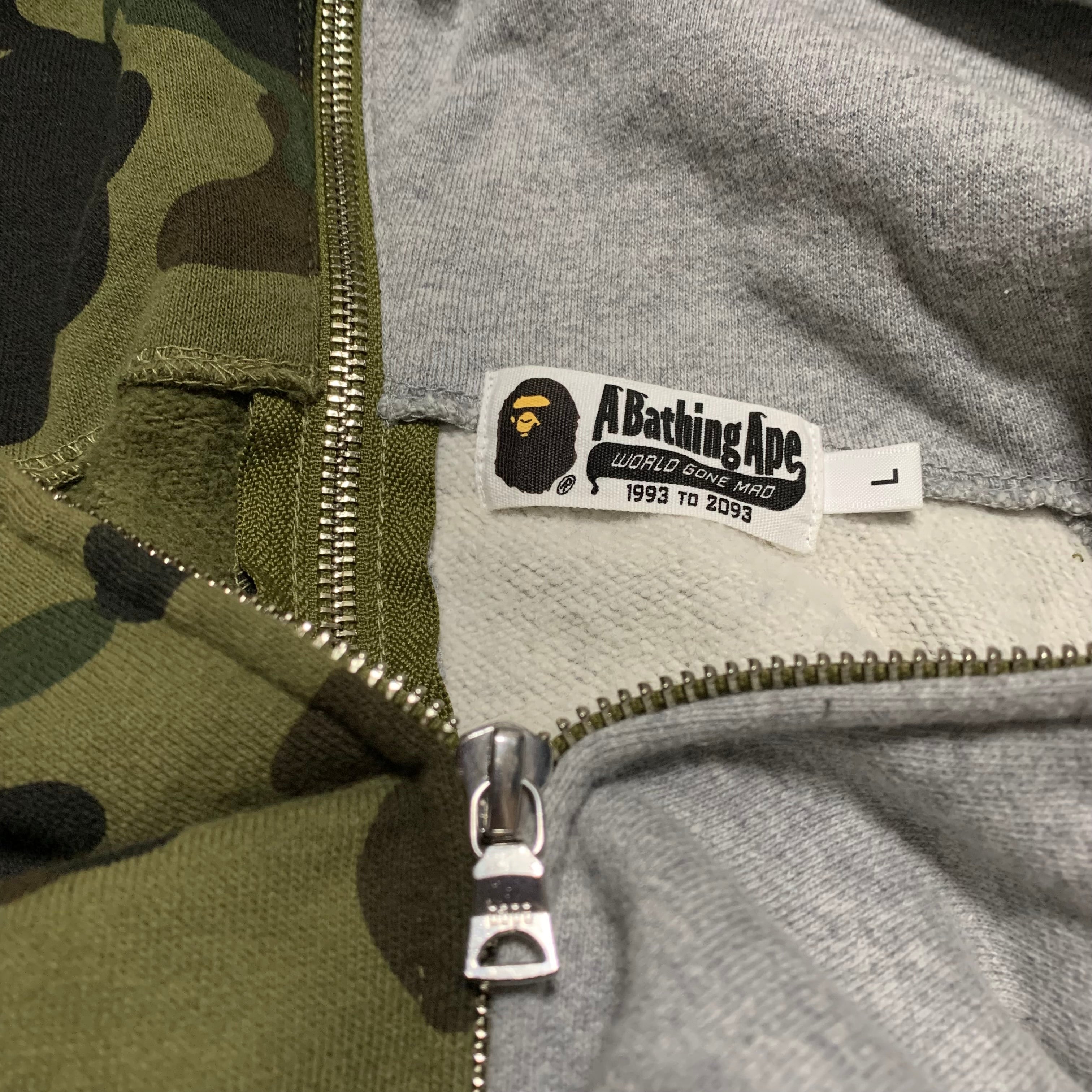 Bape Large Shark 1st Camo Grey Green Half Split Full Zip Hoodie A Bathing Ape
